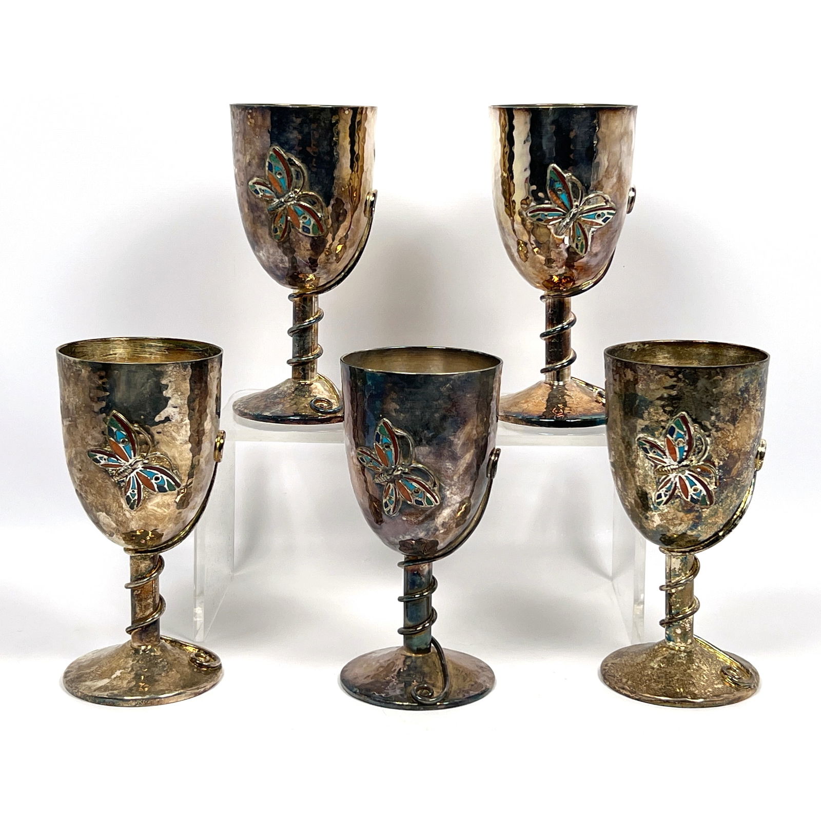 Set of 5 EMILIA CASTILLO Silver Plate Butterfly Goblets. Mexican.  Hammered Texture Drinking Vessels (1 of 13)