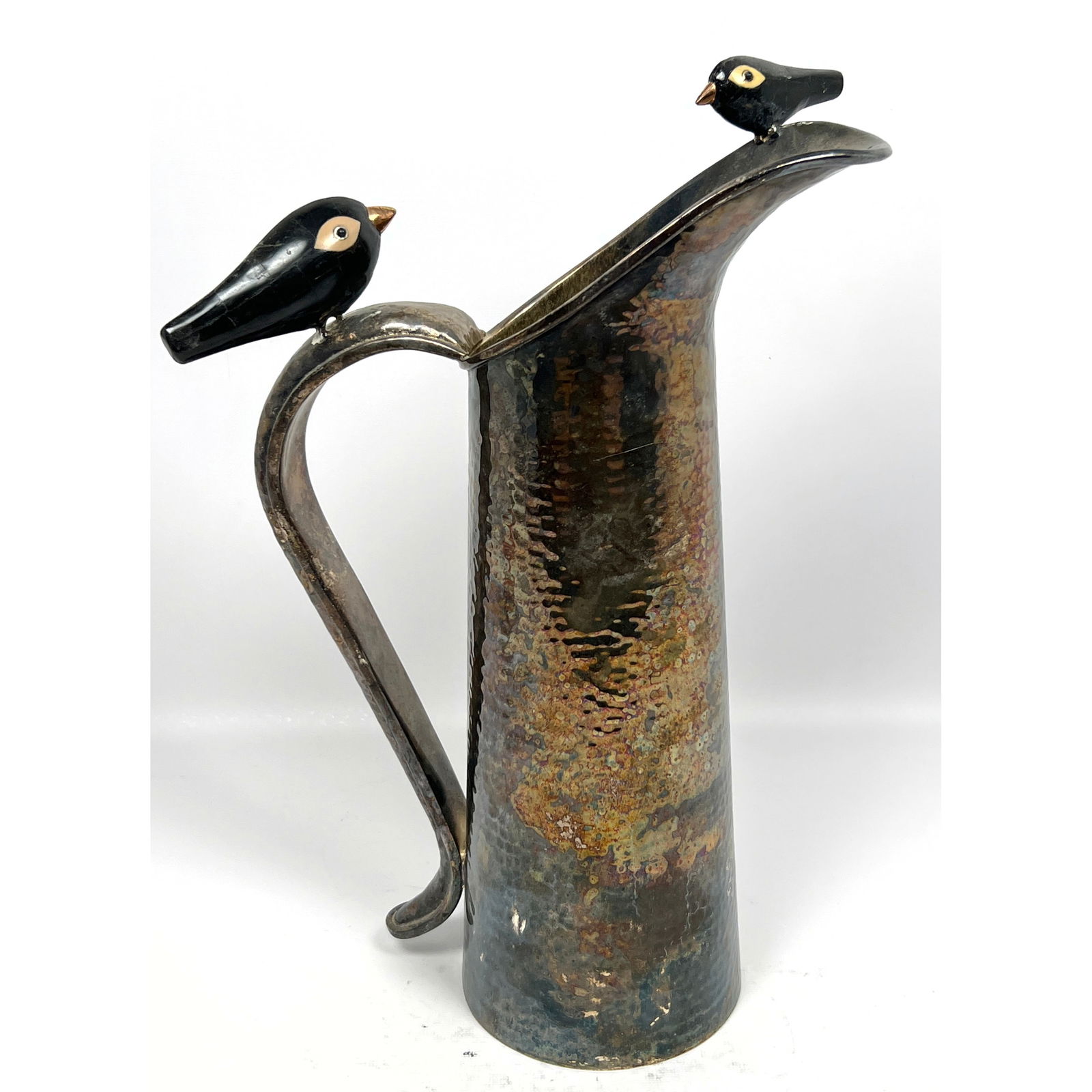 Emilia Castillo Hammered silverplate Pitcher with Stone Bird decoration. Hand Hammered. (1 of 12)