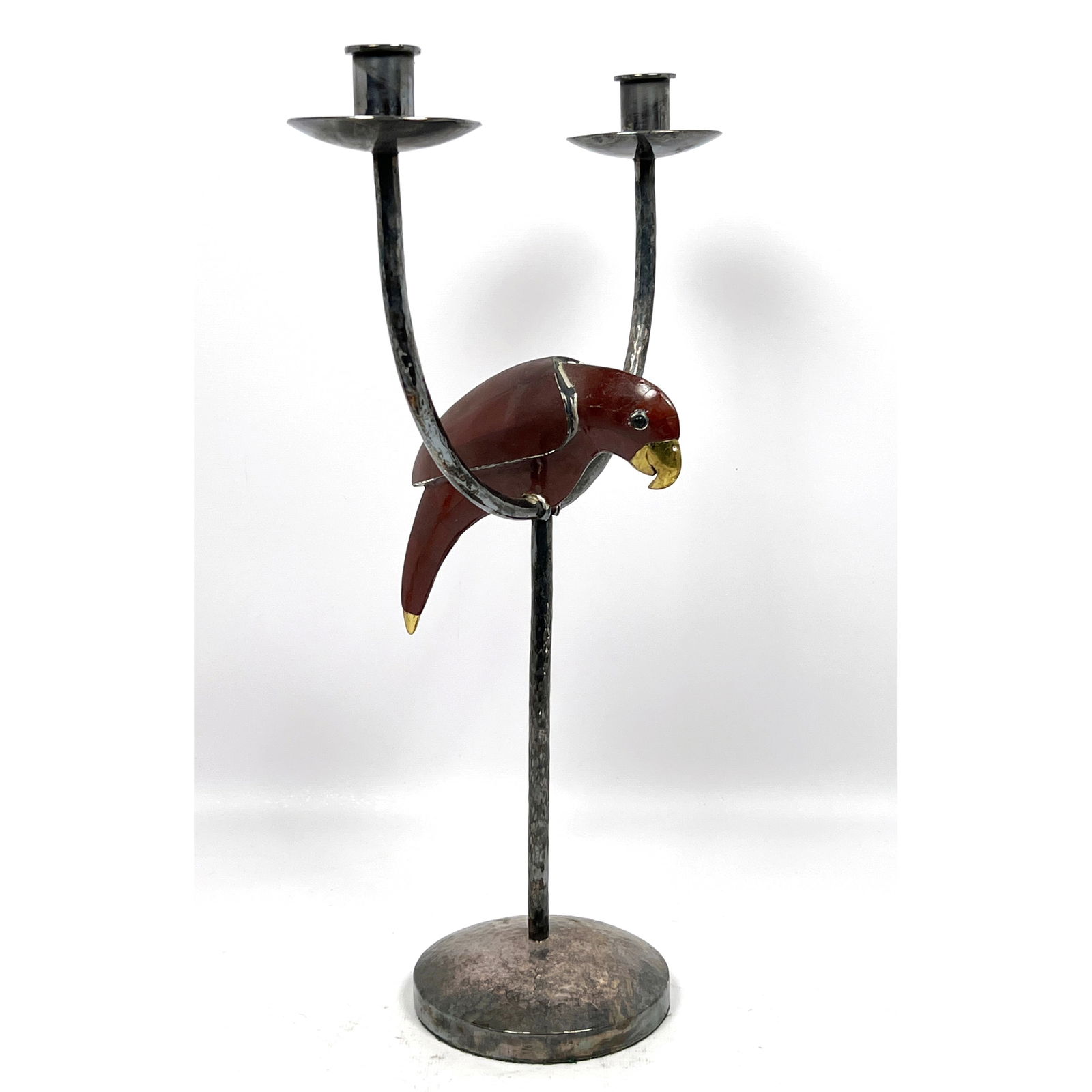 EMILIA CASTILLO Silver Plate Parrot Candle Holder.  Figural Stone Mosaic Parrot perched on U Shaped (1 of 13)