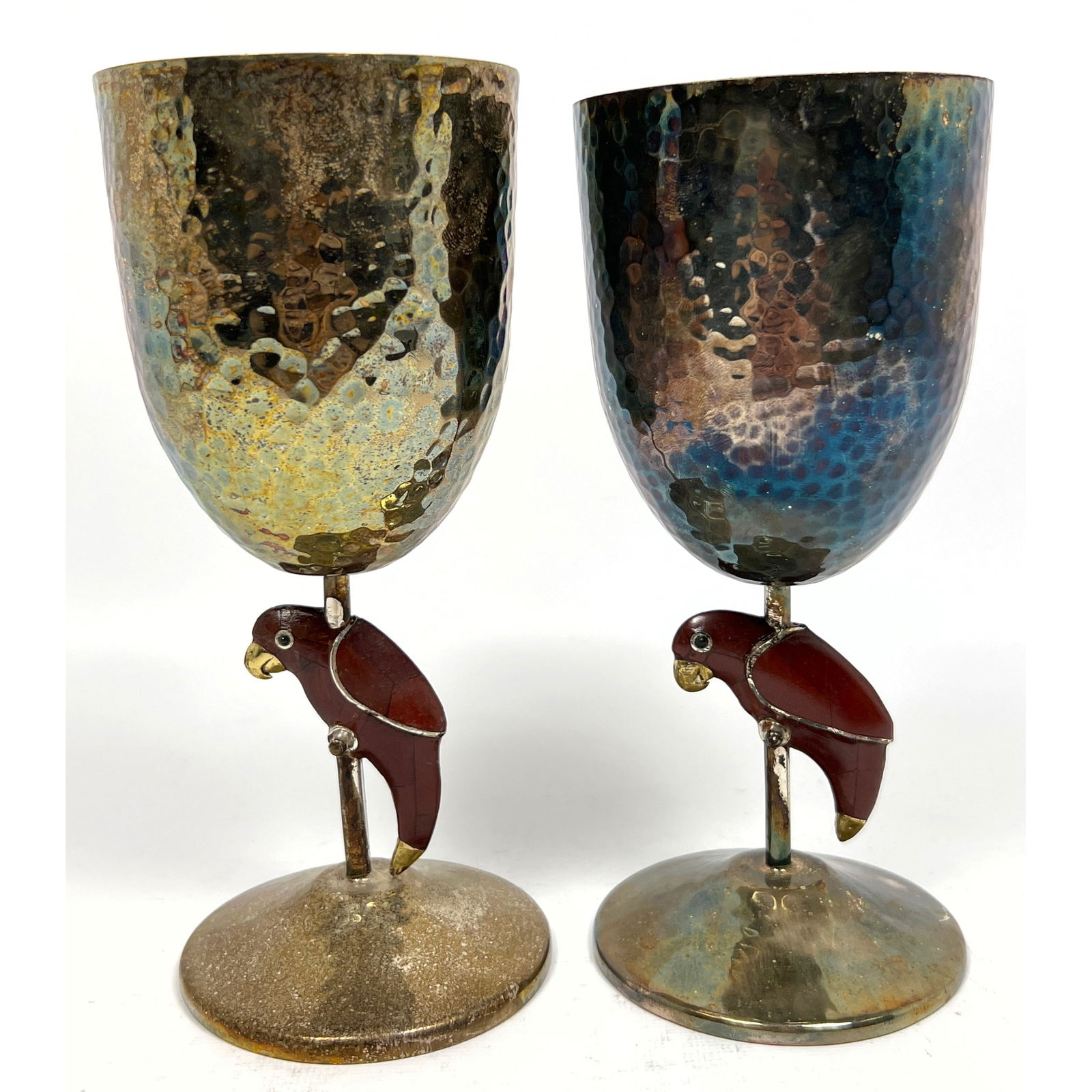 Pr EMILIA CASTILLO Silver Plate Inlaid Parrot Goblets. Taxco, Mexico. Hammered Texture Drinking Vess (1 of 13)