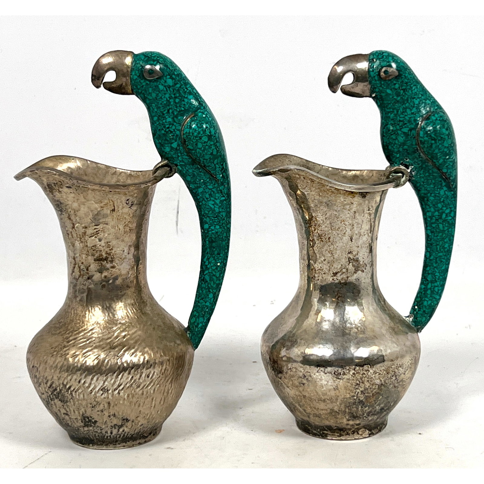 Pair Castillo Attributed Pitchers with Stone Inlaid Parrots. Unmarked. Taxco Silverplate.  Possible (1 of 13)