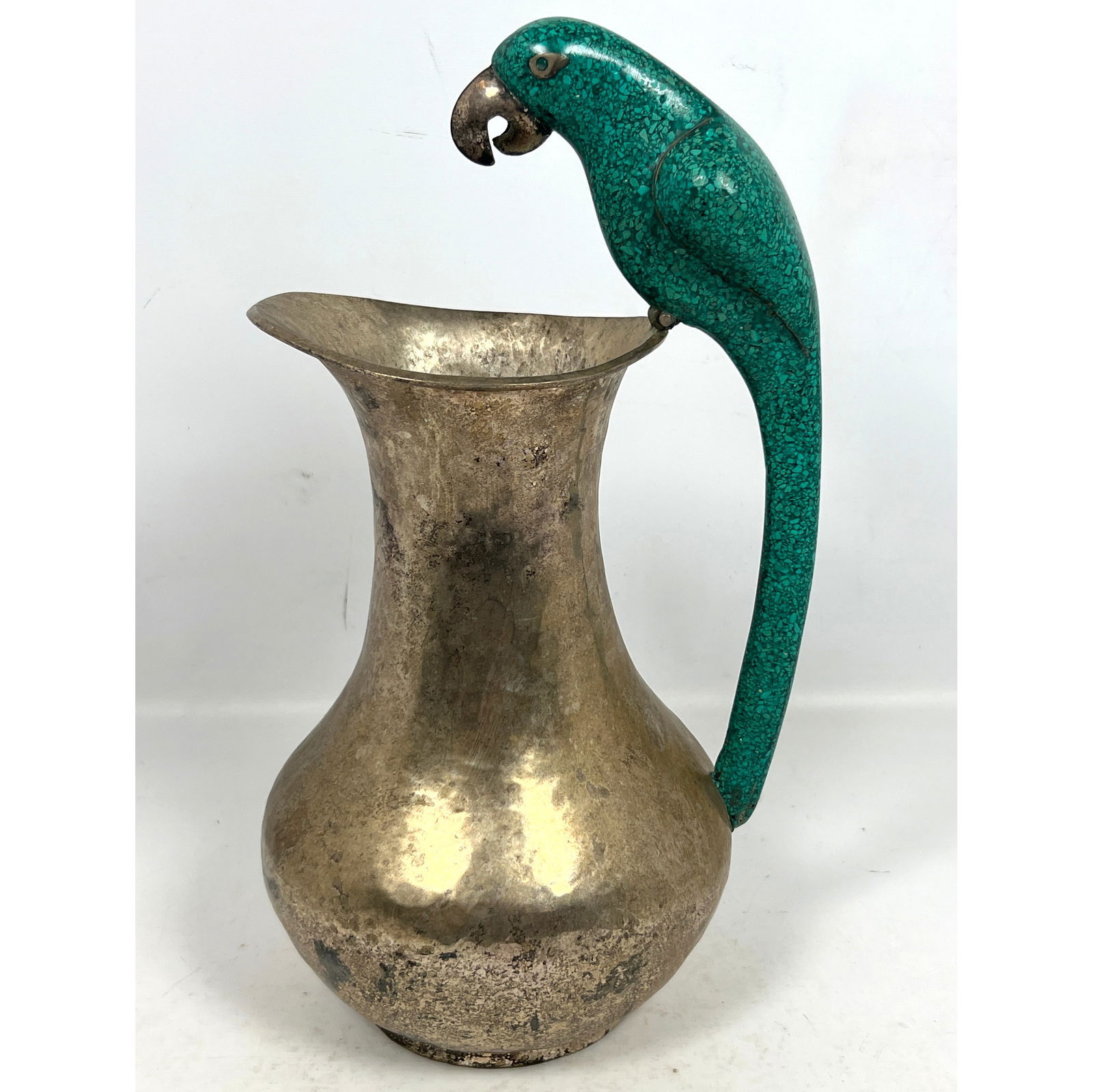 Castillo Attributed Water Pitcher with Stone Inlaid Parrot. Unmarked. Taxco Silverplate.  Possible L (1 of 12)
