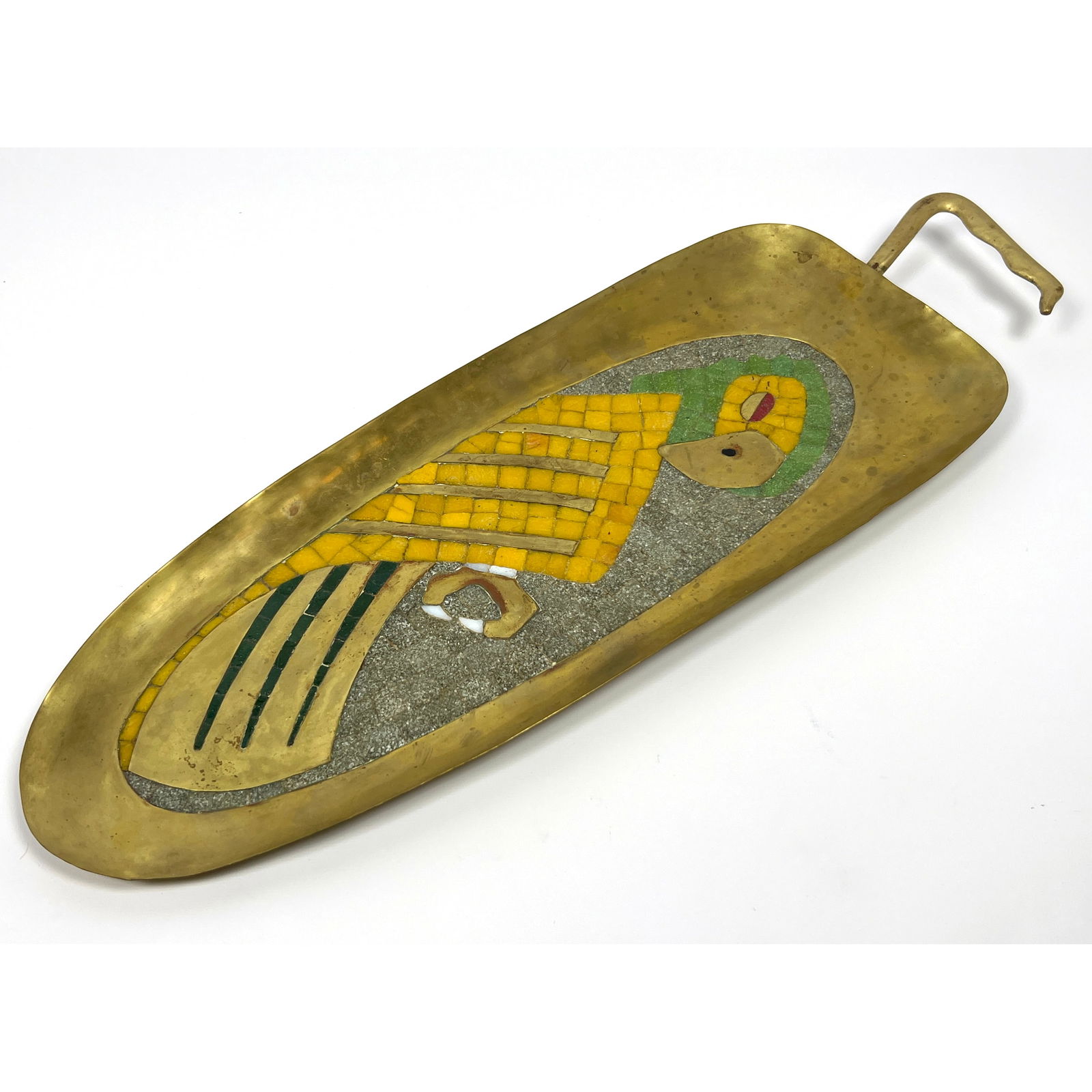 SALVADOR TERAN Brass, Glass Mosaic Tray. Stylized Parrot composed of inlaid colored glass tiles. Bra (1 of 8)