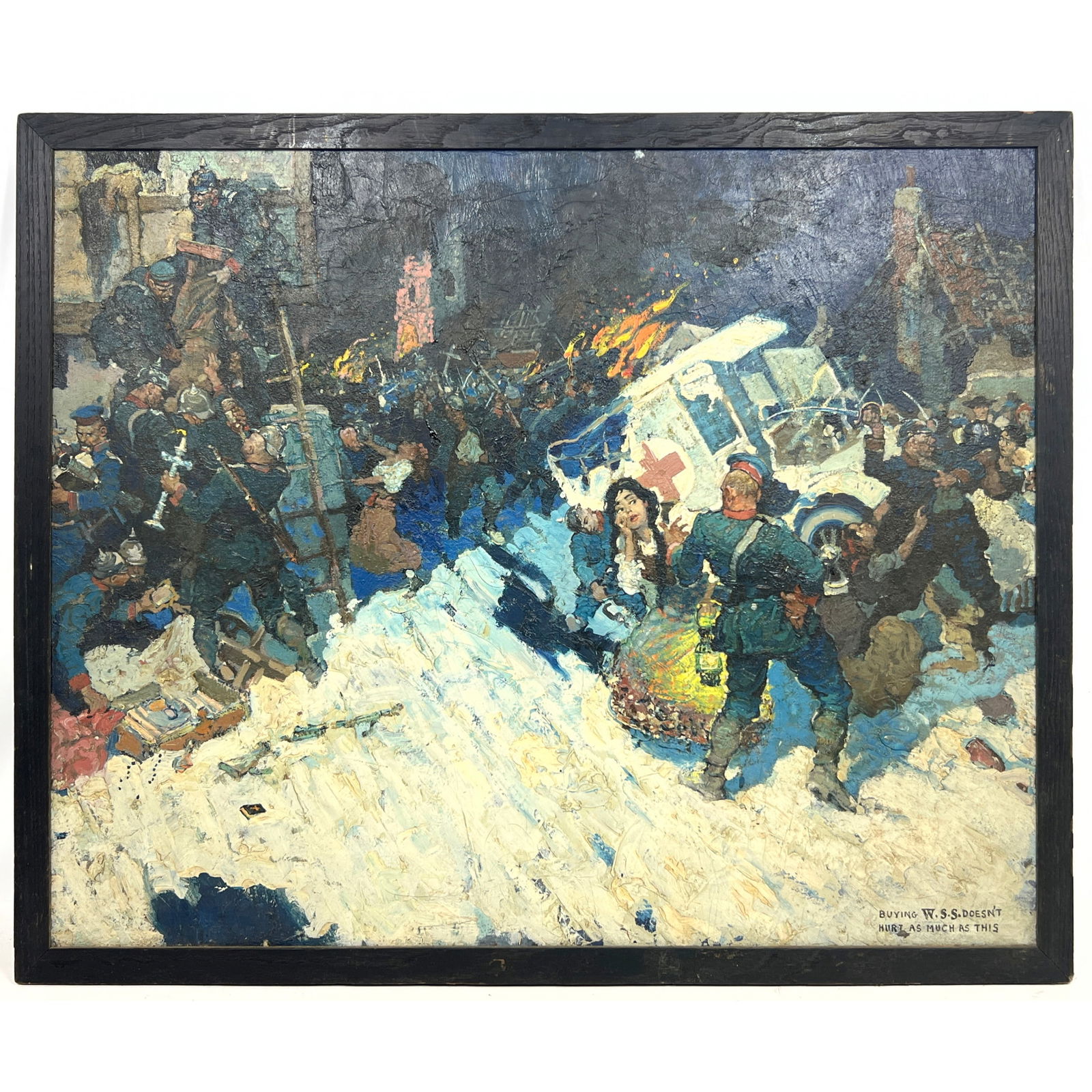 WWI Illustration oil on canvas. In the manner of Henry Soulen. Signed Buying W. S. S. Doesn't hurt a (1 of 10)
