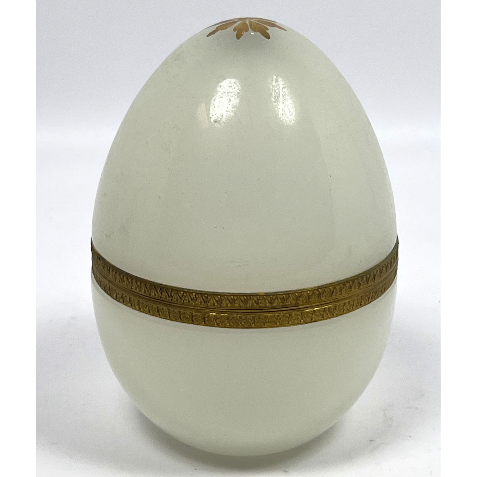 French Opaline glass egg form box. Bronze Hinged Mounts. Gold painted Star Detail. (1 of 9)