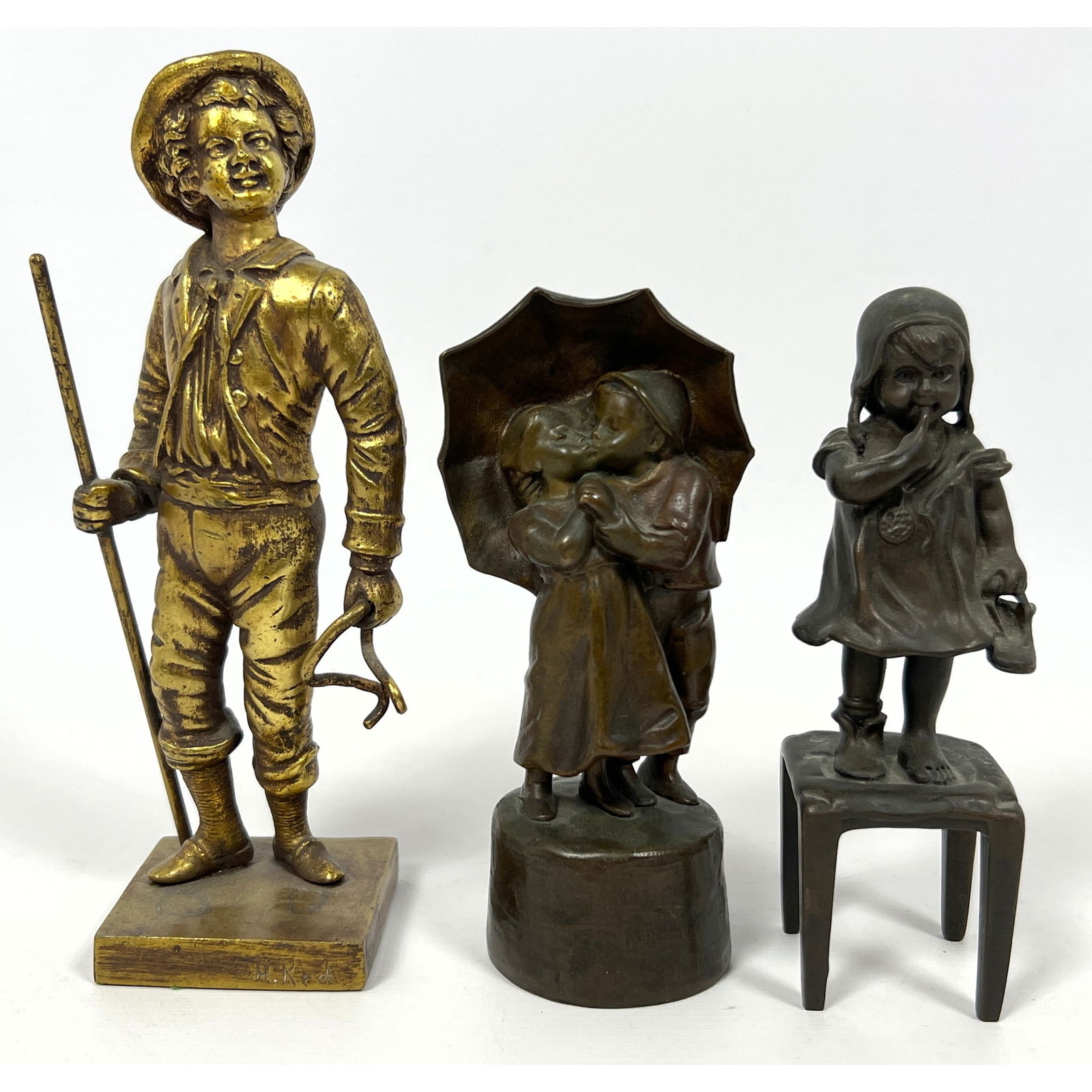 3pcs Miniature Bronze Figures. Tereszczuk, H. Keck.  Kissing Couple, Girl on Stool, Fisher Boy. (1 of 17)