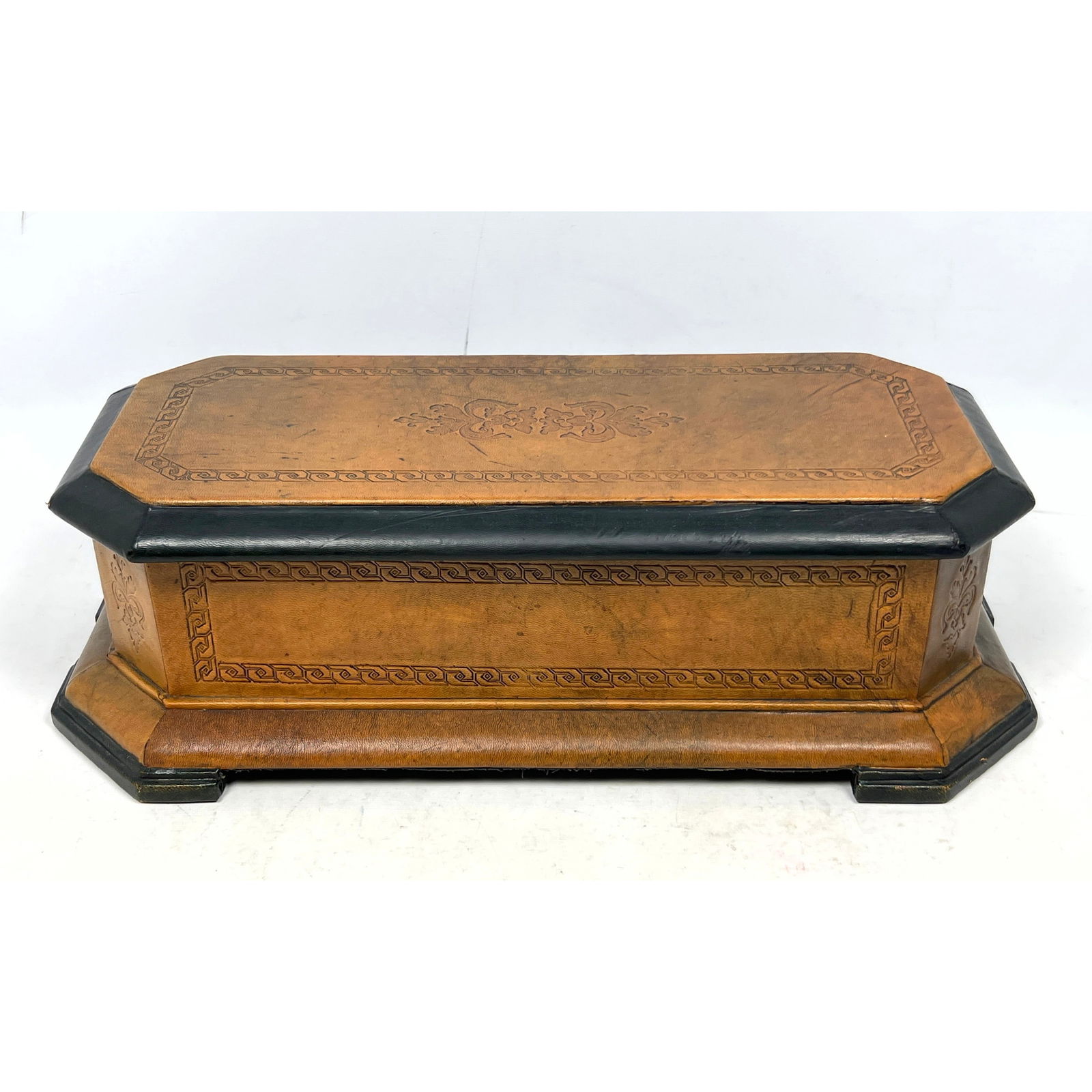 Embossed Leather Table Top Box. Lined. Antiqued Finish. (1 of 11)