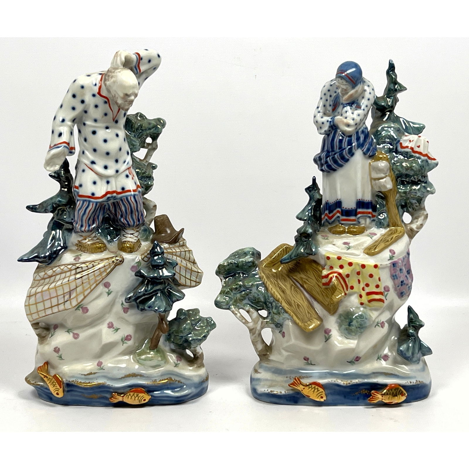 Pr Russian Glazed Porcelain Figural Group Sculptures. Fanciful Highly Decorative Images of Female an (1 of 12)