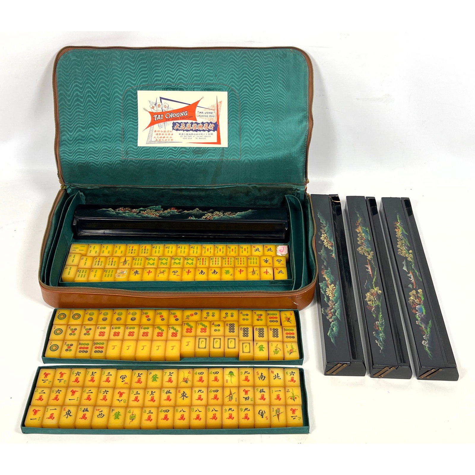 TAI CHOUNG Ma Jong Game in Case. Mahogany Jong. Black Lacquer Holders have painted landscape motif.: TAI CHOUNG Ma Jong Game in Case. Mahogany Jong. Black Lacquer Holders have painted landscape motif. Label. Dimensions: Height: 3 inches, Width: 20 inches, Depth: 11 inches. --- US Packing and Shipping
