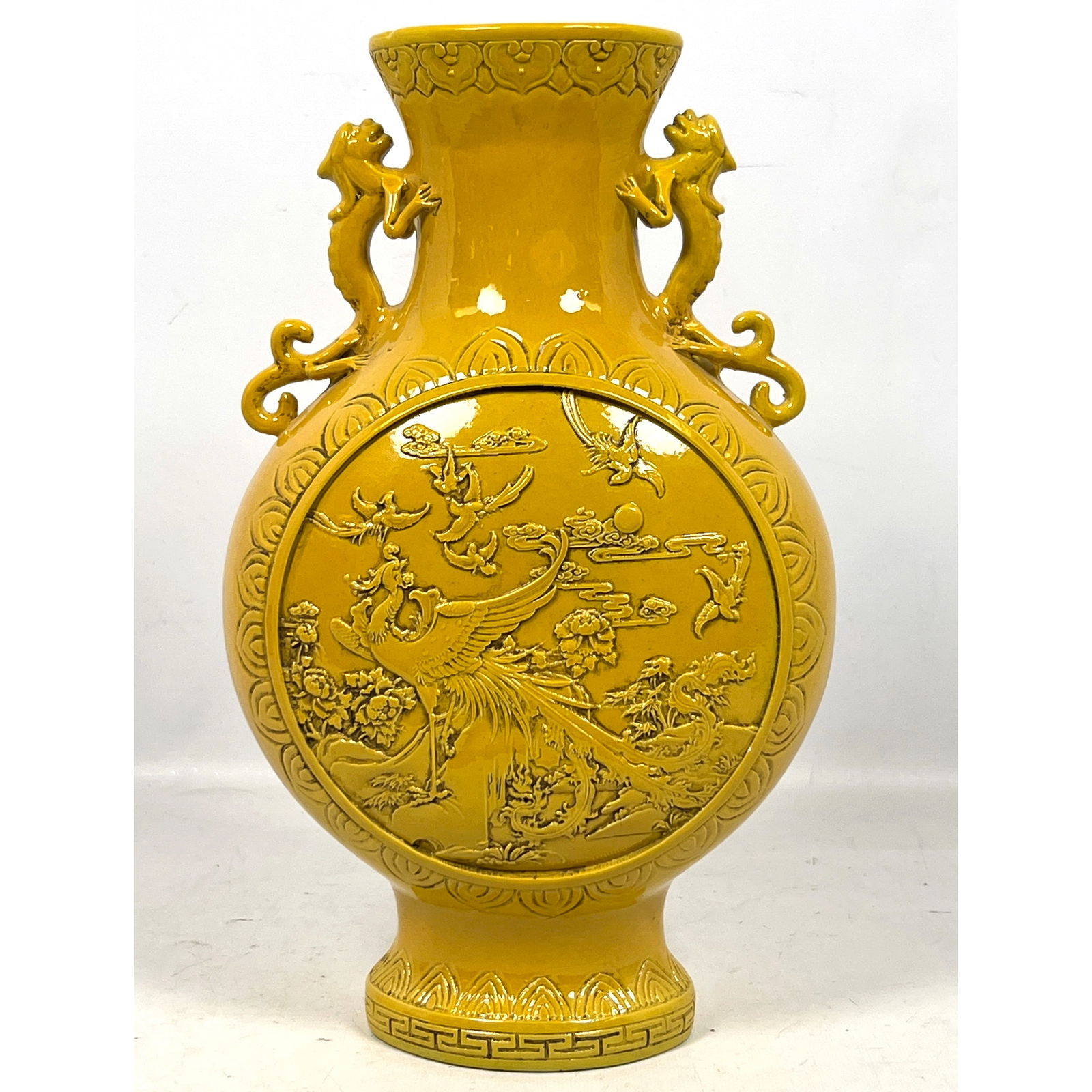 Chinese large, bulbous ceramic vase finished with a vibrant imperial yellow monochrome glaze,: Chinese large, bulbous ceramic vase finished with a vibrant imperial yellow monochrome glaze, Dimensions: Height: 13.75 inches, Width: 8.25 inches, Depth: 4.5 inches. --- US Packing and Shipping charg