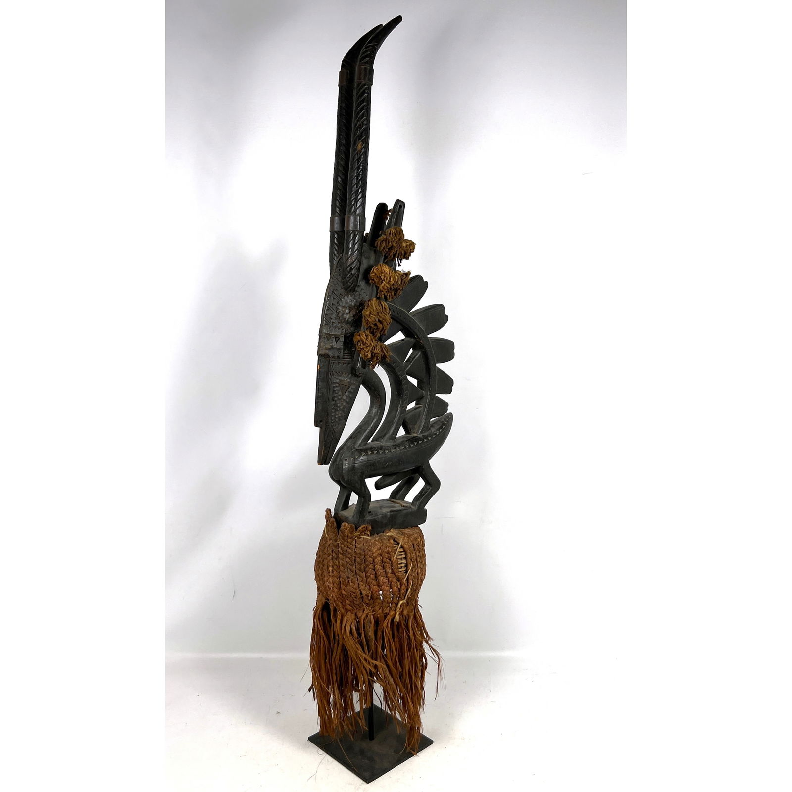 Carved Wood Chi Wara Antelope Headdress. Figural Animal Head. Metal Appliques. Fiber and Raffia Deta (1 of 11)