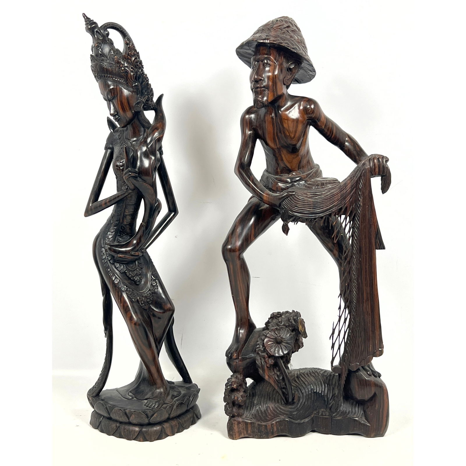 2pc Carved Rosewood Balinese Figural Carvings. Female Thai Dancer. Male  Fisherman Figure; marked AA (1 of 15)