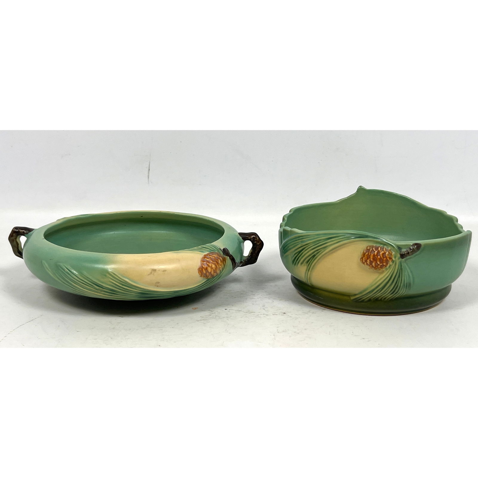 2pcs Roseville Green Pinecone  Low Bowl Planters. American Art Pottery (1 of 11)