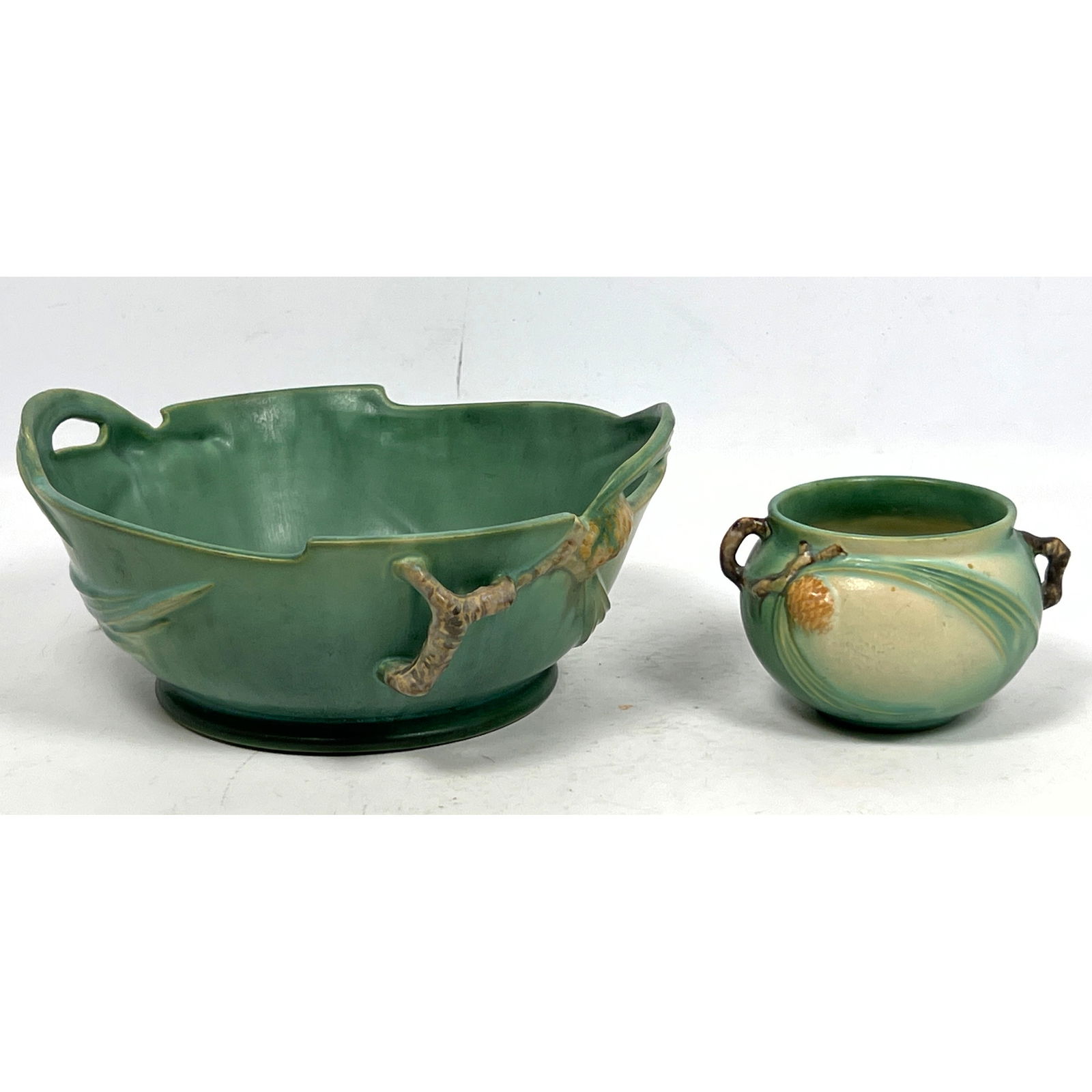 2pcs Roseville Green Pinecone  Bowl and Planter. American Art Pottery (1 of 12)