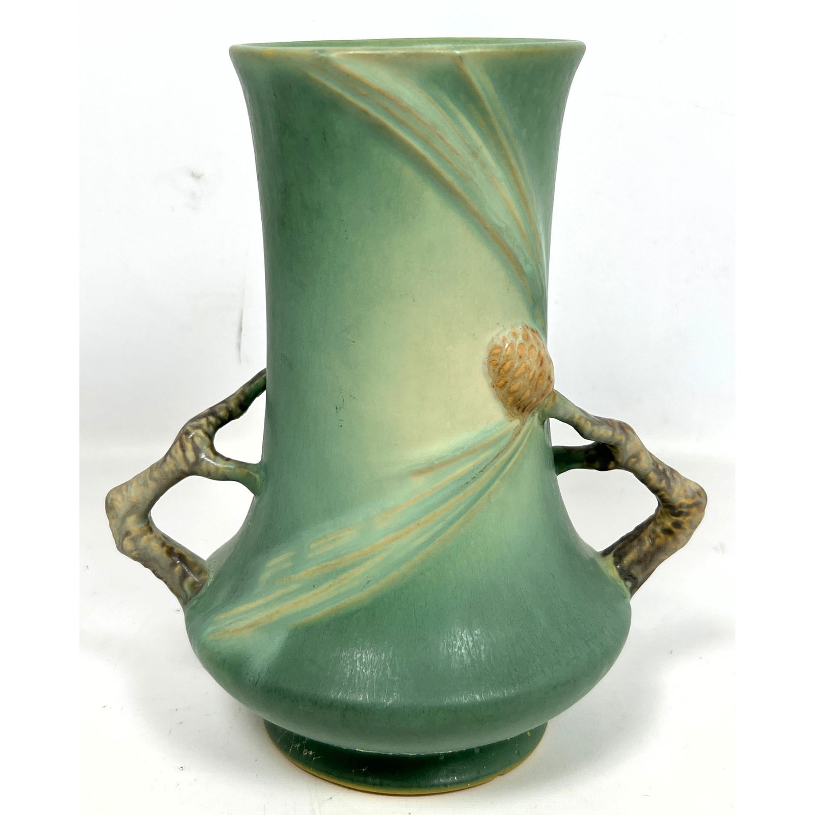 Roseville Green Pinecone  Branch Handled Vase with Flared Top. American Art Pottery (1 of 8)
