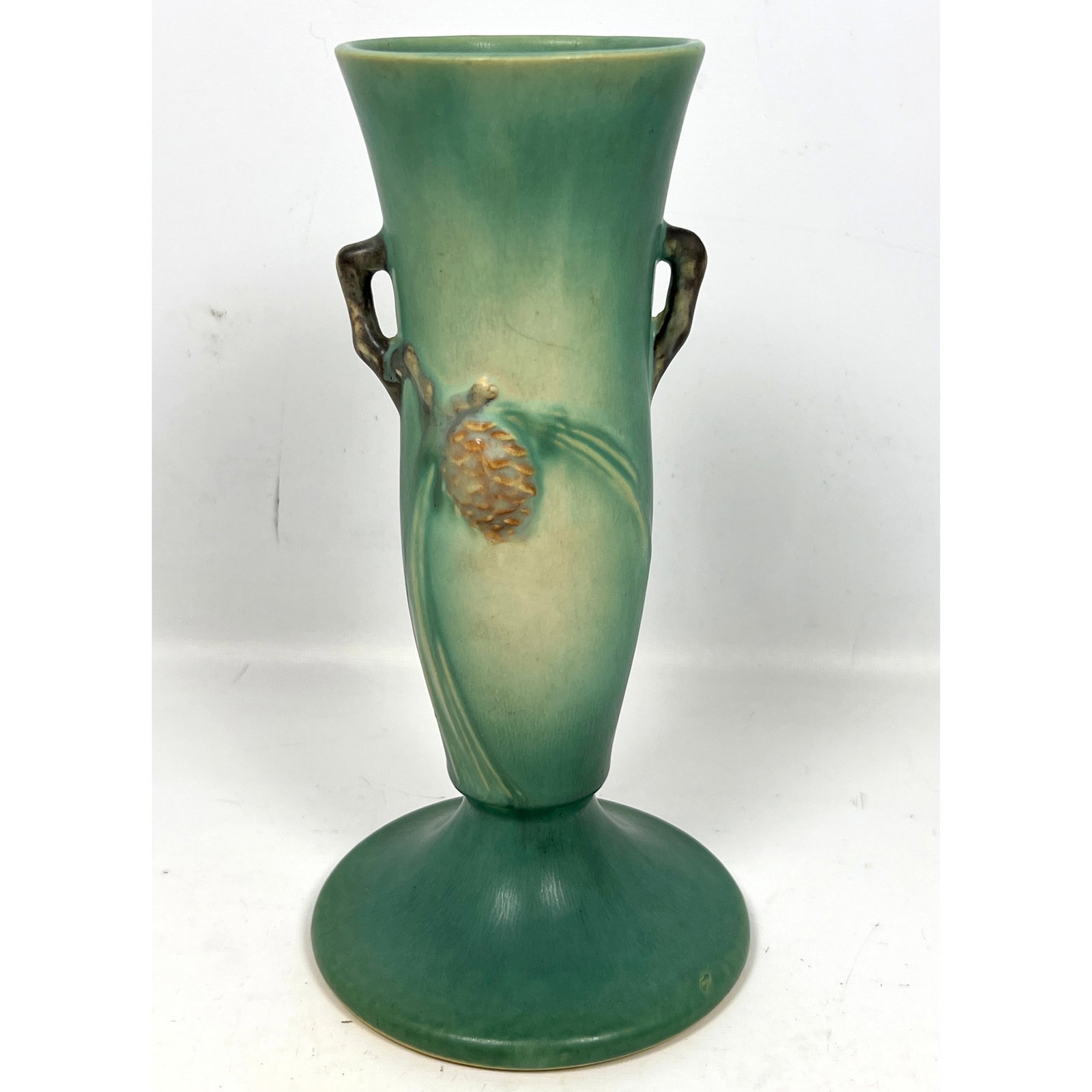 Roseville Green Pinecone  Trumpet Vase with Handles. American Art Pottery (1 of 7)