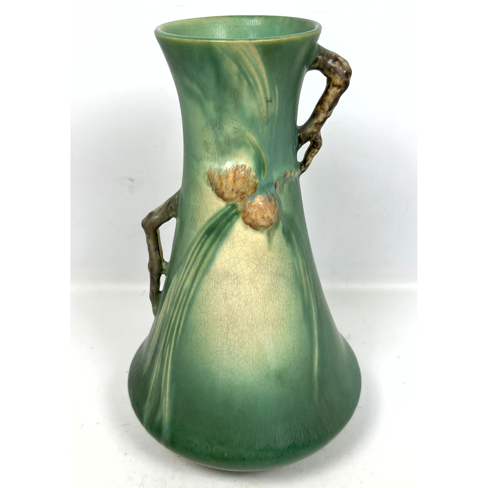 Roseville Green Pinecone  Tall Corseted Vase with Handles. American Art Pottery (1 of 9)