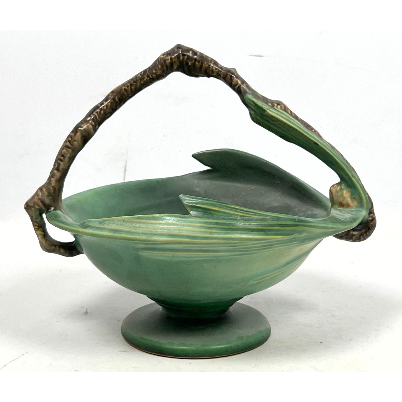 Roseville Green Pinecone  Branch Handled Basket Planter. American Art Pottery (1 of 10)