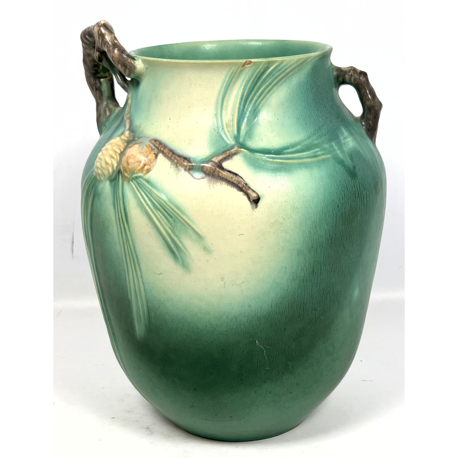 Roseville Green Pinecone  Tall Brach Handled Vase. American Art Pottery (1 of 8)