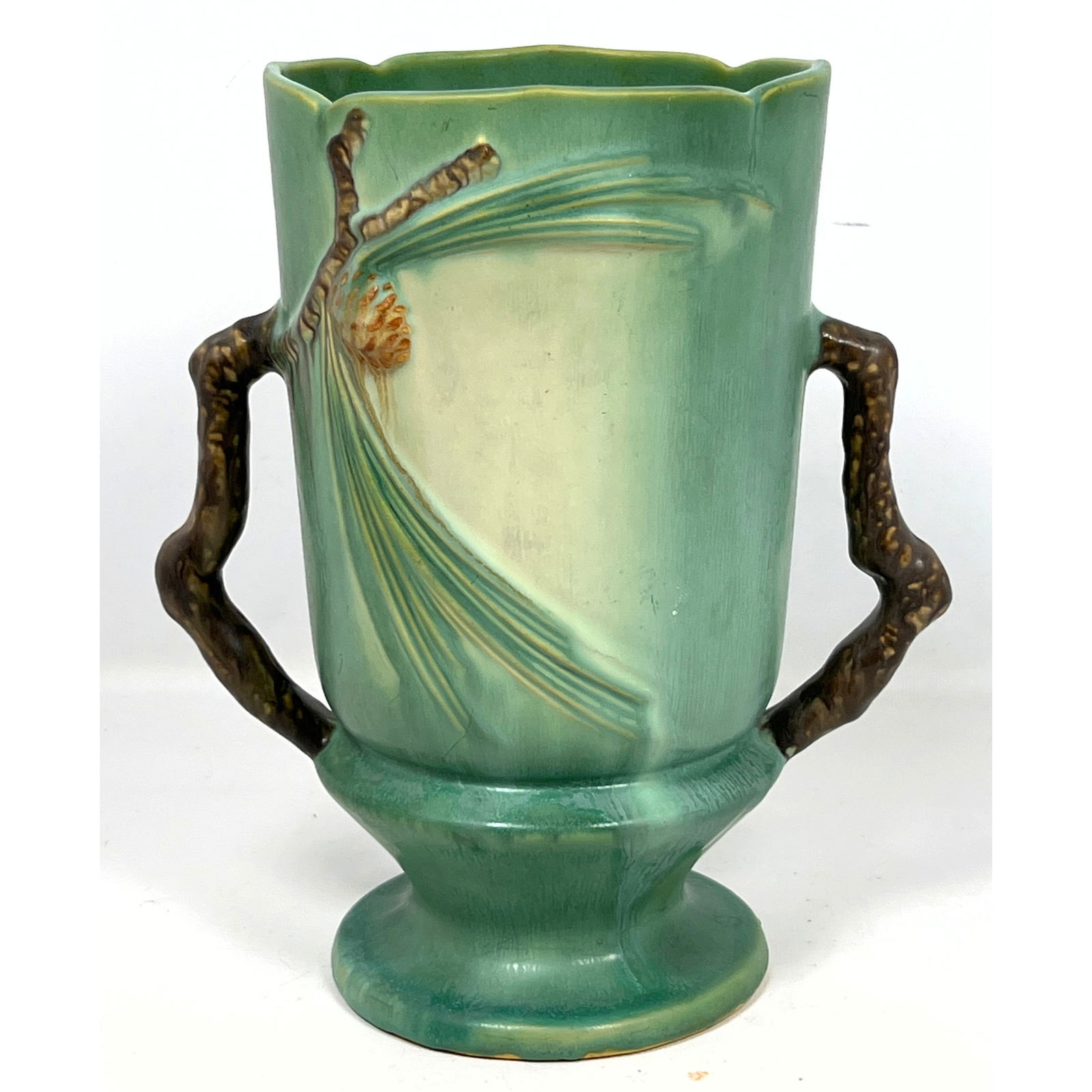 Roseville Green Pinecone  Double Branch Handled Vase. American Art Pottery (1 of 9)