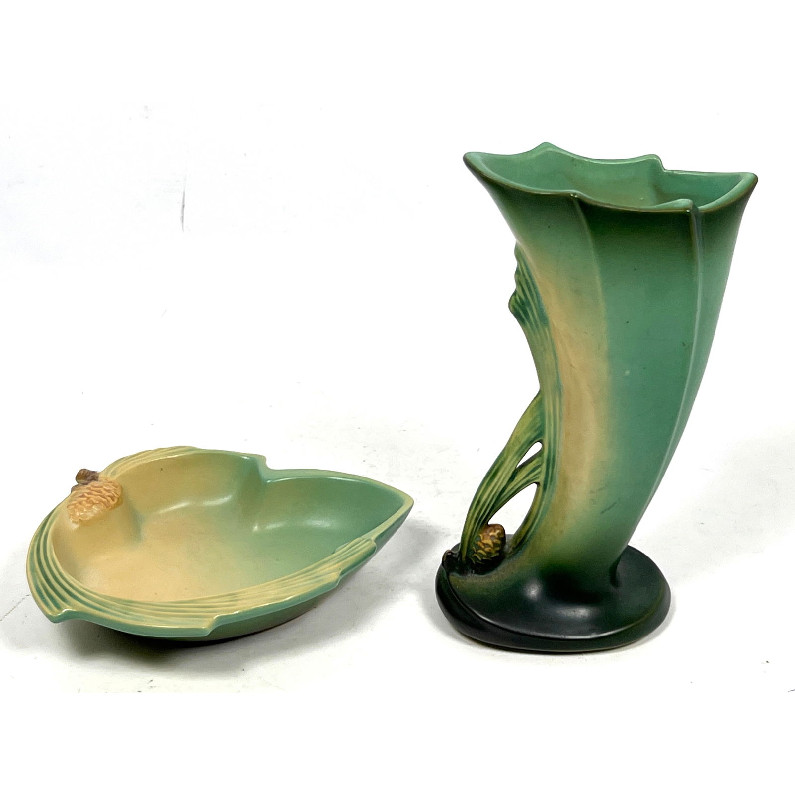 2pcs Roseville Green Pinecone  Low Bowl dish and Flared Trumpet Vase. American Art Pottery (1 of 12)