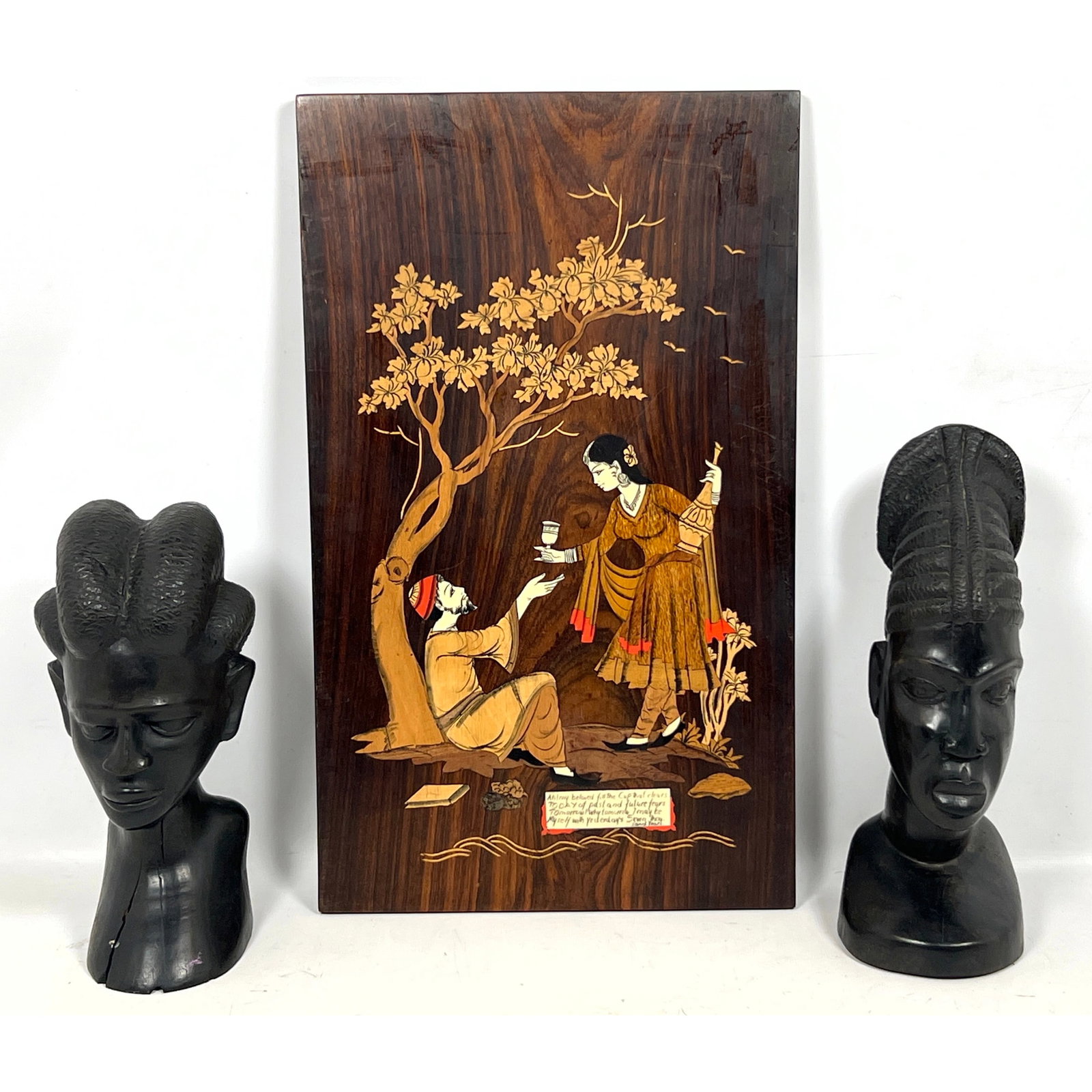 3pcs wooden Decorative Items. Indian inlaid bone marquetry panel, and 2 carved African sculptures.: 3pcs wooden Decorative Items. Indian inlaid bone marquetry panel, and 2 carved African sculptures. Dimensions: Height: 18 inches, Width: 11 inches, Depth: 1 inches. --- US Packing and Shipping charge: