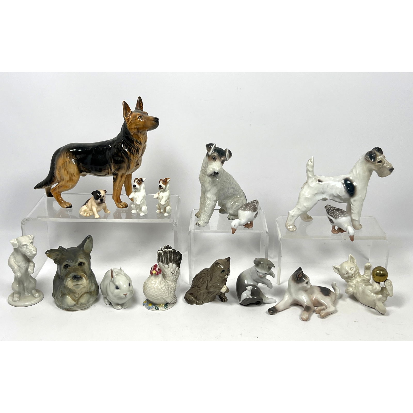 Collection 16pc Porcelain or Ceramic Animal Figures. ROSENTHAL. BandG. LLADRO. ROYAL DOULTON. GOEBEL: Collection 16pc Porcelain or Ceramic Animal Figures. ROSENTHAL. BandG. LLADRO. ROYAL DOULTON. GOEBEL. DJ COPENHAGEN. NYMPHENBURG, etc. Dogs, Ducks, Cat, Rabbit. Many signed. Dimensions: Height: 7.5 in