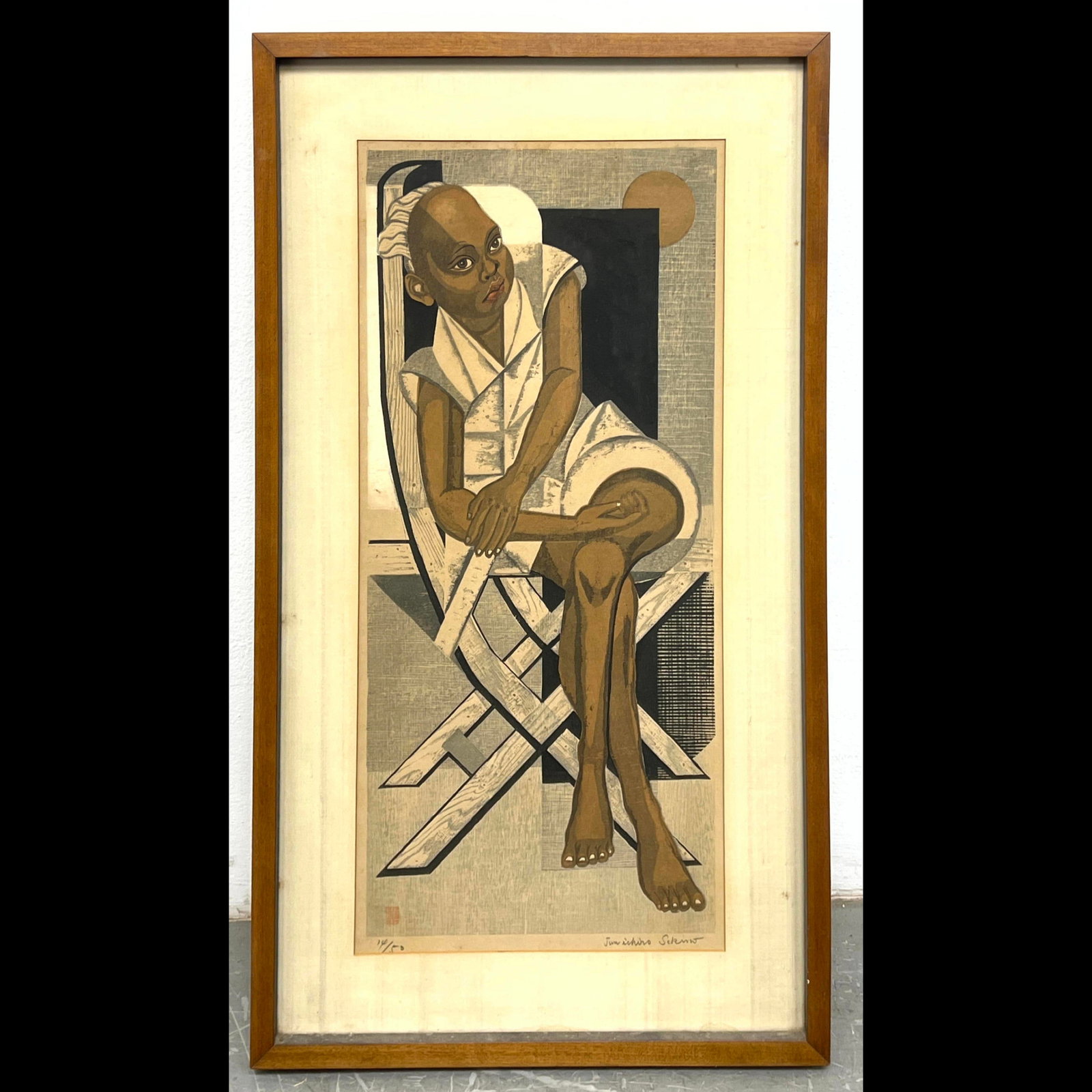 Japanese Woodblock Print SEKINO JUN'ICHIRO. "Seated Black Boy". Framed. Pencil Signed. #14/50. (1 of 10)