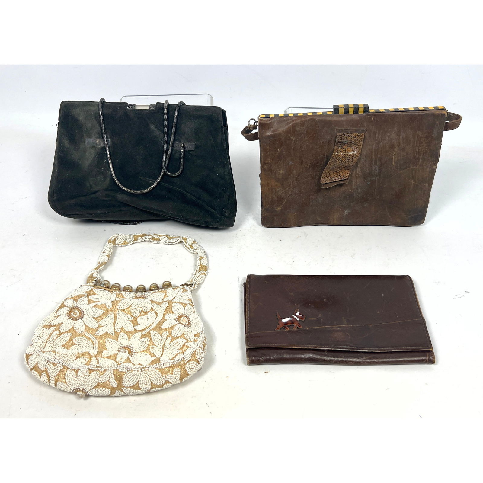 Collection of 4 Vintage and Antique Purses. 1) Leather Clutch with Silver and Yellow enamel Trim and (1 of 20)