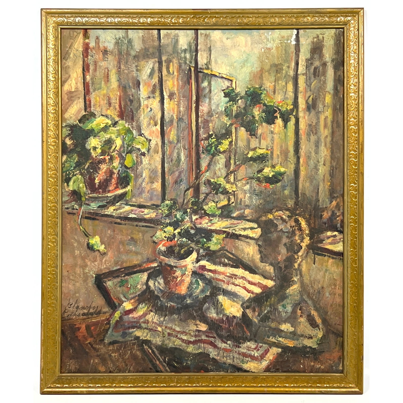 BLANCHE ROTHSCHILD Interior Painting. Still Life of Bonsai Tree, Portrait Bust and Striped Place mat (1 of 9)