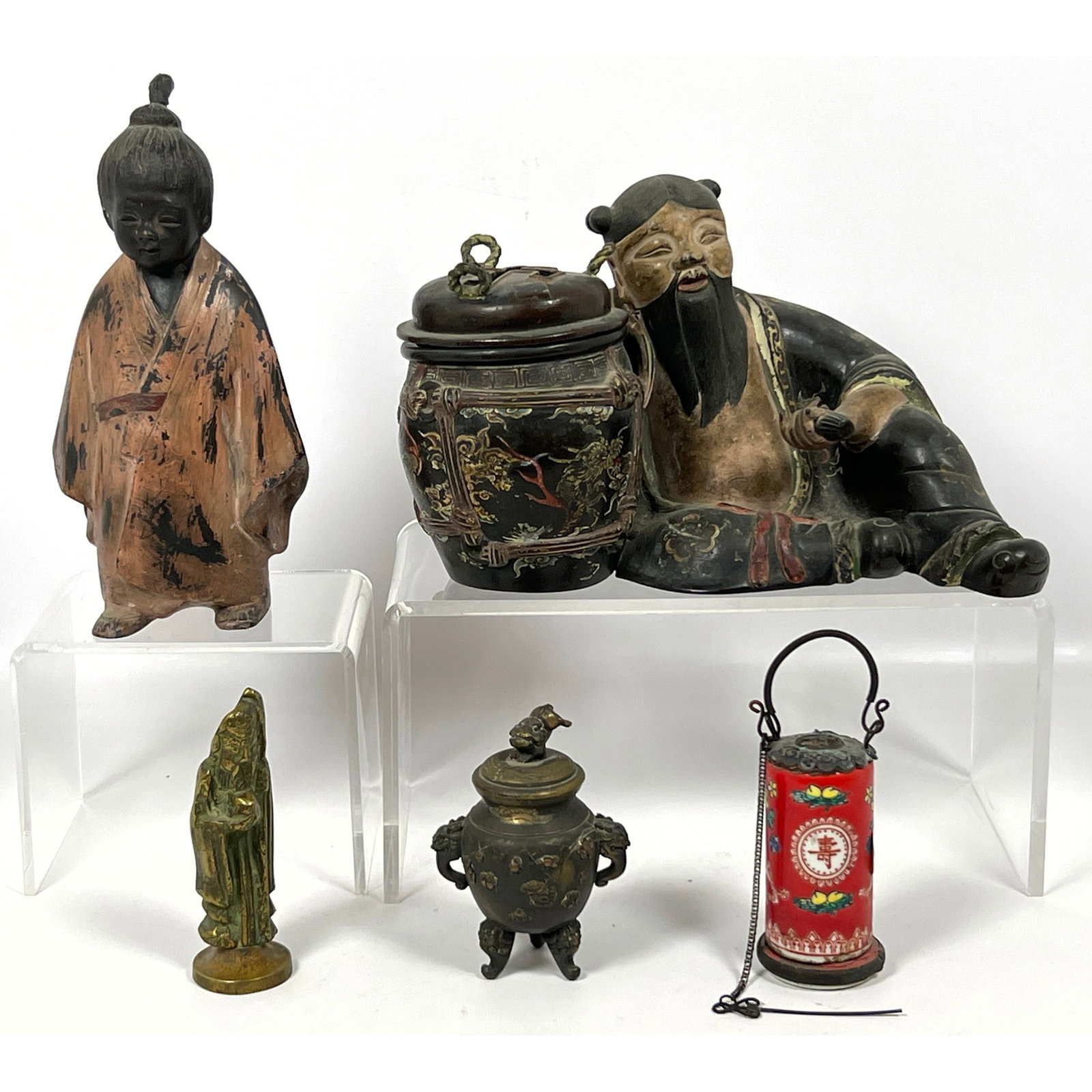 5pcs Asian Metal Objects.  Seated figure with urn, Robed figure, Small enamel object, Small lidded u (1 of 20)