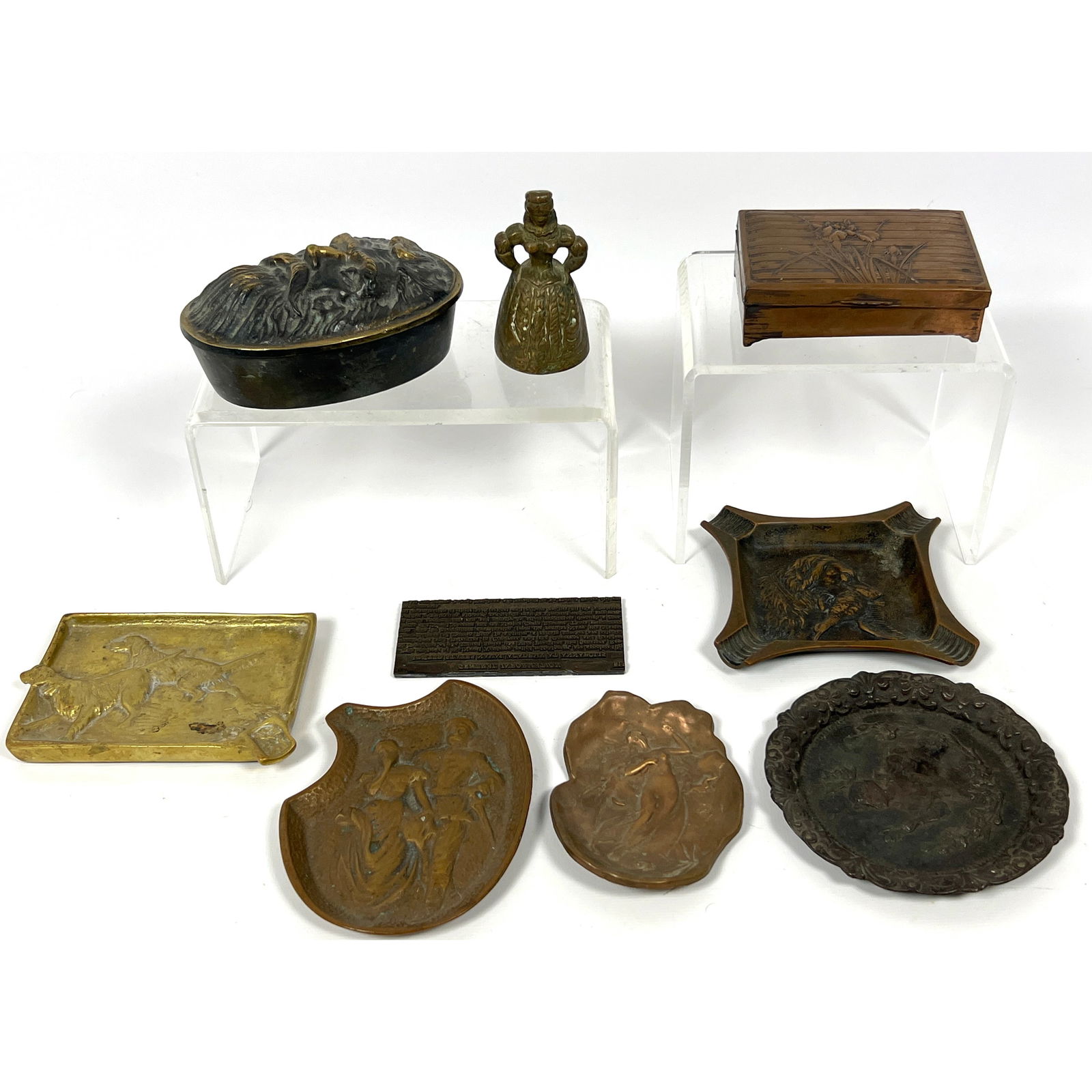 8pcs Decorative Objects. Old Man Covered box, Japanese style box, Naughty Dresser dish, Brass setter: 8pcs Decorative Objects. Old Man Covered box, Japanese style box, Naughty Dresser dish, Brass setter ashtray, Bell. Dimensions: Height: 3.25 inches, Width: 1.75 inches, Depth: 1.75 inches. --- US Pack