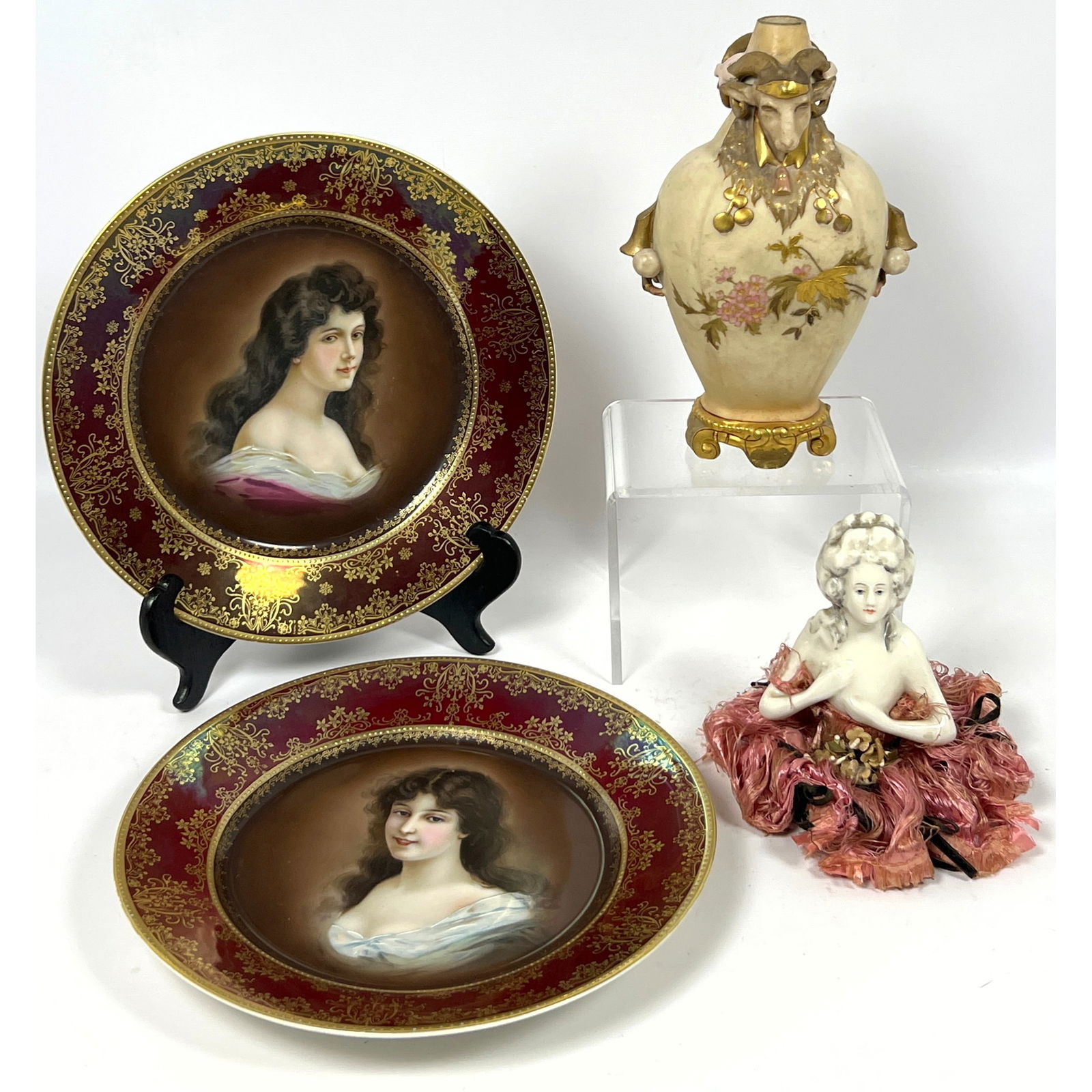 4pc Porcelain. Stellmacher Turn Teplitz Amphora Ram Head Vase, Half Doll, 2 Printed Royal Vienna Pla (1 of 16)