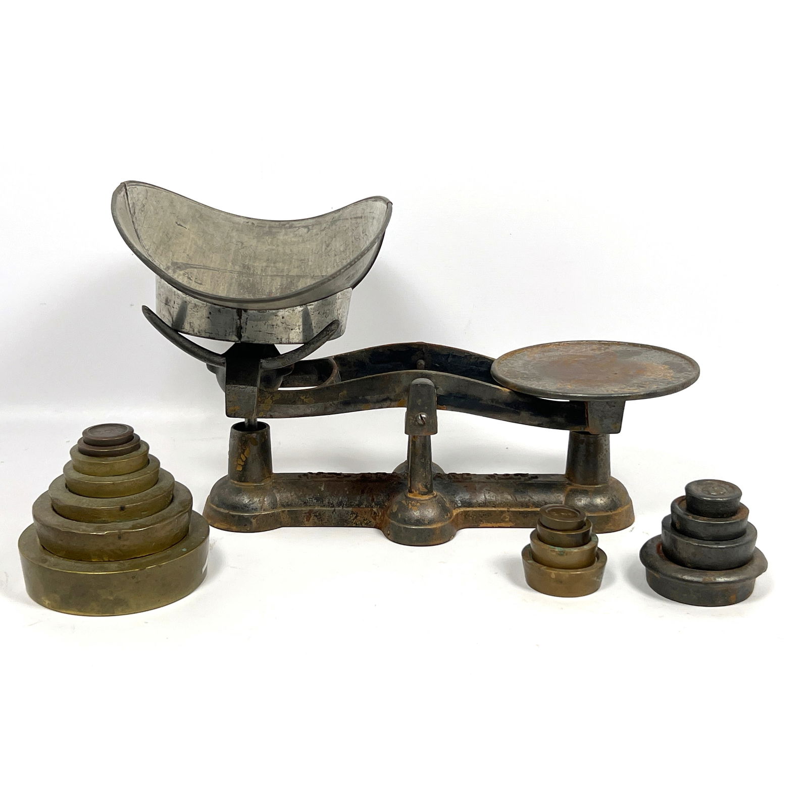 Cast Iron Industrial Balance Scale. Includes Tin Bowl; Iron and Bronze Weights. (1 of 16)