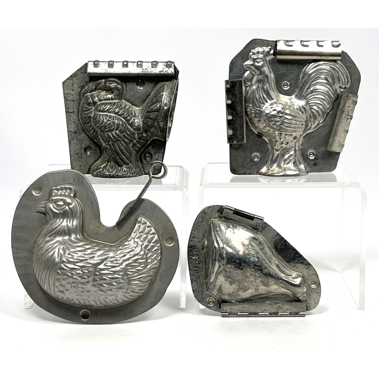 Collection 4 Vintage Figural Metal Molds. Chocolate, Sweets, Confectionary Molds. 1) USA Turkey Mold: Collection 4 Vintage Figural Metal Molds. Chocolate, Sweets, Confectionary Molds. 1) USA Turkey Mold; Marked; 5041. 2) Dresden ANTON REICHE Ham Bone Mold. Marked. 9428. 3)+ 4) Rooster Mold . Hen Mold.