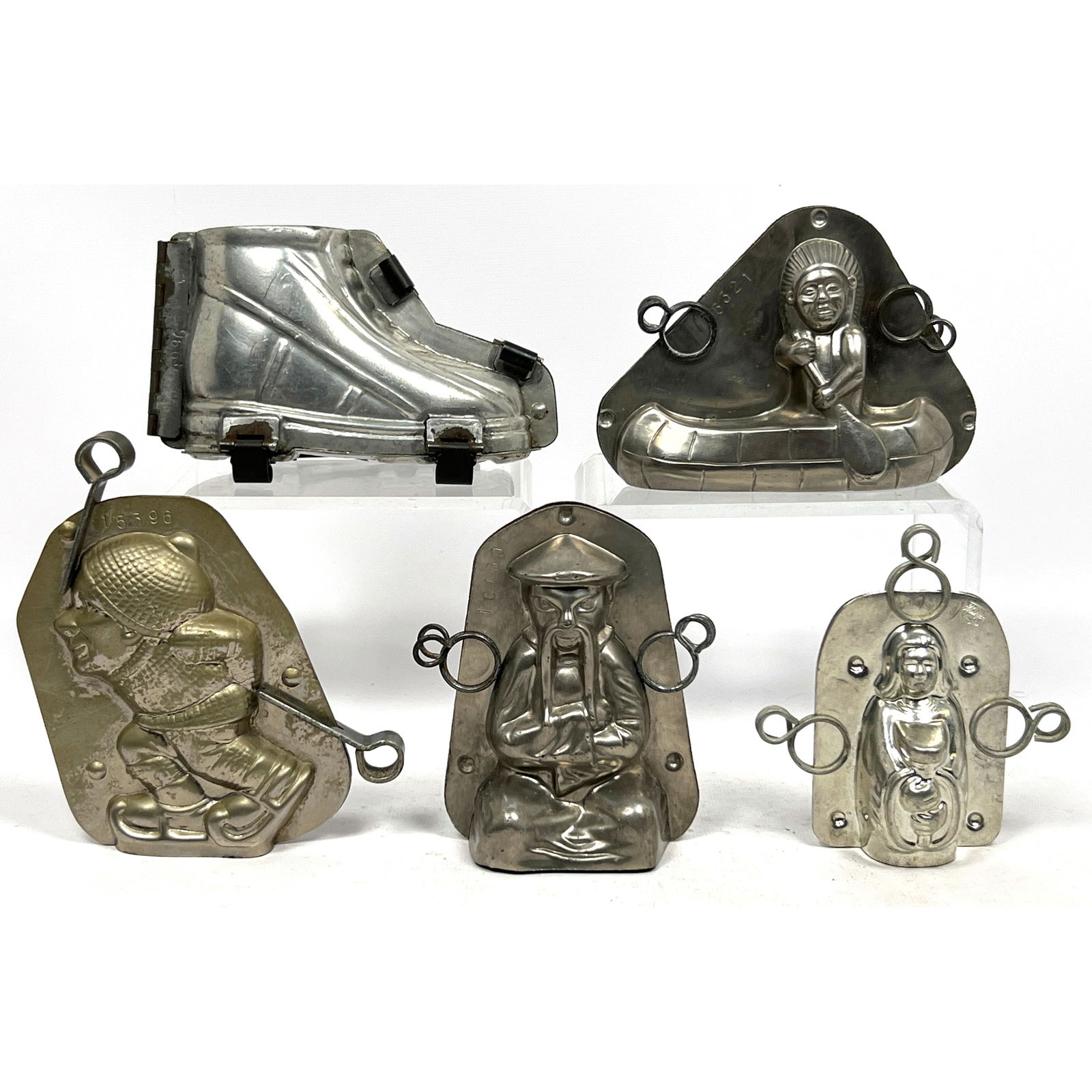 Collection 5 Vintage Chocolate Molds. 1) Shoe. 2) Indian in Canoe. 3). Man Running. 4)Confucius. 5). (1 of 19)