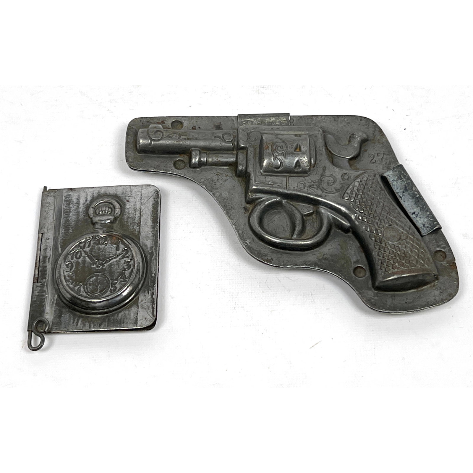 2pc Collection Chocolate Confectionary Molds. 1). ANTON REICHE, Dresden Pistol Mold #9942. 2) Pock: 2pc Collection Chocolate Confectionary Molds. 1). ANTON REICHE, Dresden Pistol Mold #9942. 2) Pocket Watch Mold. Dimensions: Height: 4.75 inches, Width: 6.25 inches, Depth: 1 inches. --- US Packing an
