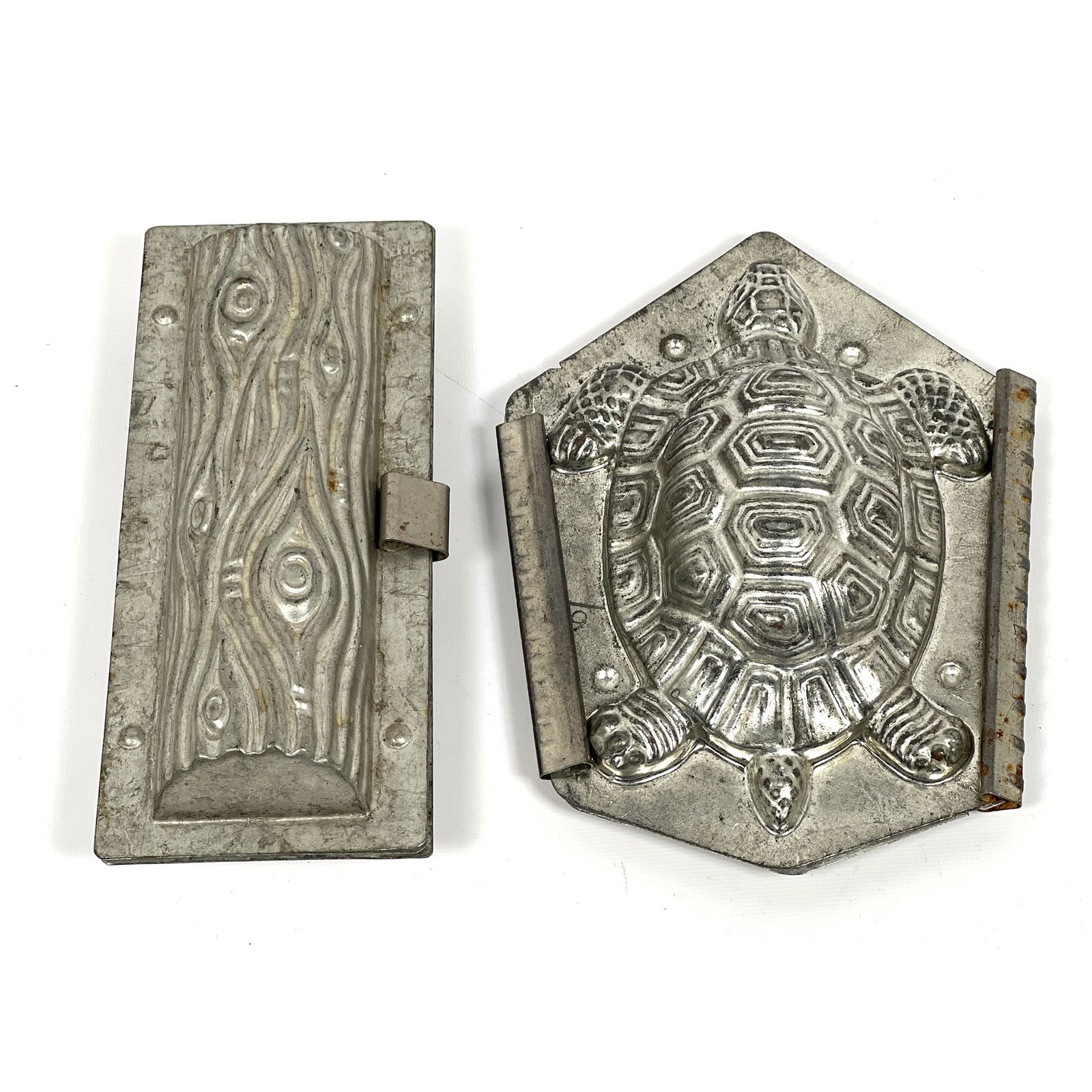 2pc Figural Chocolate Molds. 1). Unusual Turtle. Unmarked.  2). Log form with Bark Marked H Walter a (1 of 12)