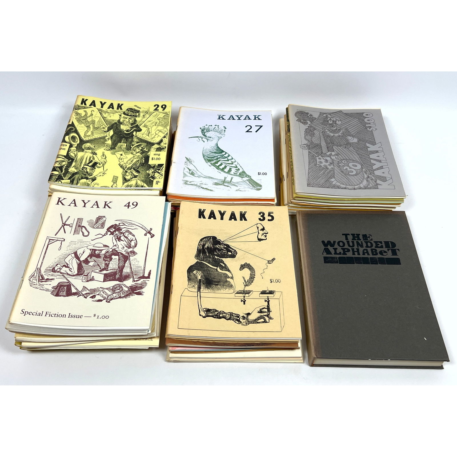 Piles and Piles of Illustrated Cover KAYAK Magazine. Mid Century Collection of Assembled Contemporar: Piles and Piles of Illustrated Cover KAYAK Magazine. Mid Century Collection of Assembled Contemporary Poetry. Illustrated by editor GEORGE HITCHCOCK. Dimensions: Height: 9 inches, Width: 7 inches, Dep