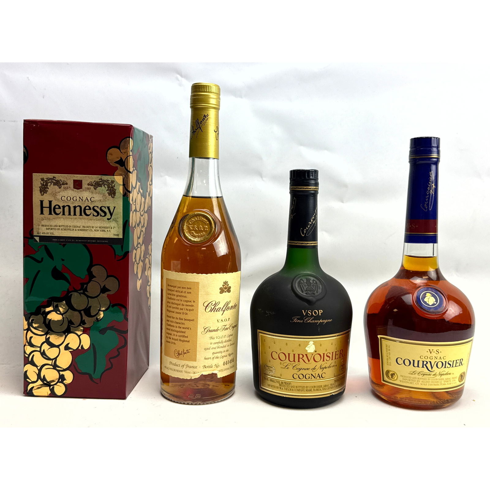 4 Bottle Cognac. Courvoisier Cognac, Chalfonte Fine Cognac, Hennessy Cognac, (1 of 13)