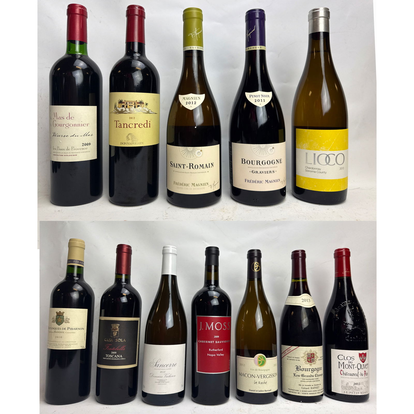 12pcs 750ml wine bottles, featuring red and white wines. France and Italy, alongside two from Cali: 12pcs 750ml wine bottles, featuring red and white wines. France and Italy, alongside two from California, USA. Vintages range from 2009 to 2013. Notable producers in this collection include Mas de Gou