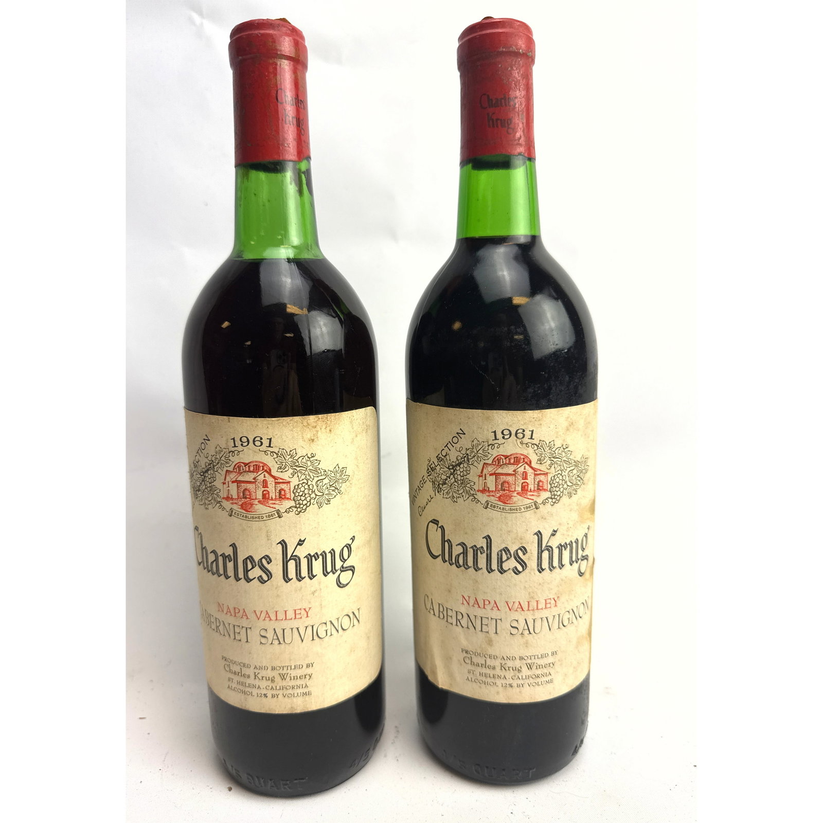 2 Bottles. 1961 Charles Krug Vintage Selection Napa Valley Cabernet Sauvignon wine bottles: 2 Bottles. 1961 Charles Krug Vintage Selection Napa Valley Cabernet Sauvignon wine bottles Dimensions: Height: 12 inches, Width: 3 inches, Depth: 3 inches. --- - We offer curbside delivery for most it