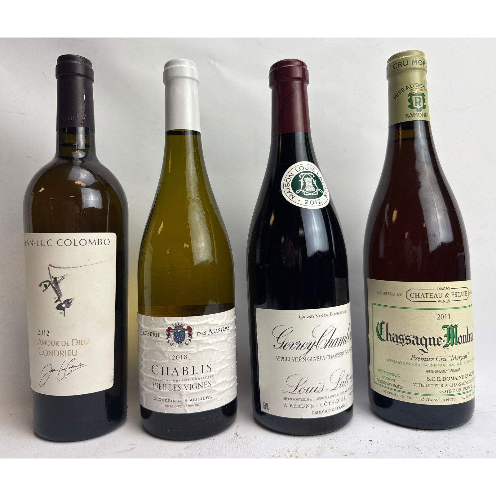 4pcs 750ml French wine, 2012 Jean-Luc Colombo Condrieu "Amour de Dieu," a 2016 Closerie des Alisi: 4pcs 750ml French wine, 2012 Jean-Luc Colombo Condrieu "Amour de Dieu," a 2016 Closerie des Alisiers Chablis "Vieilles Vignes," a 2012 Louis Latour Gevrey-Chambertin "Grand Vin de Bourgogne," and a 20