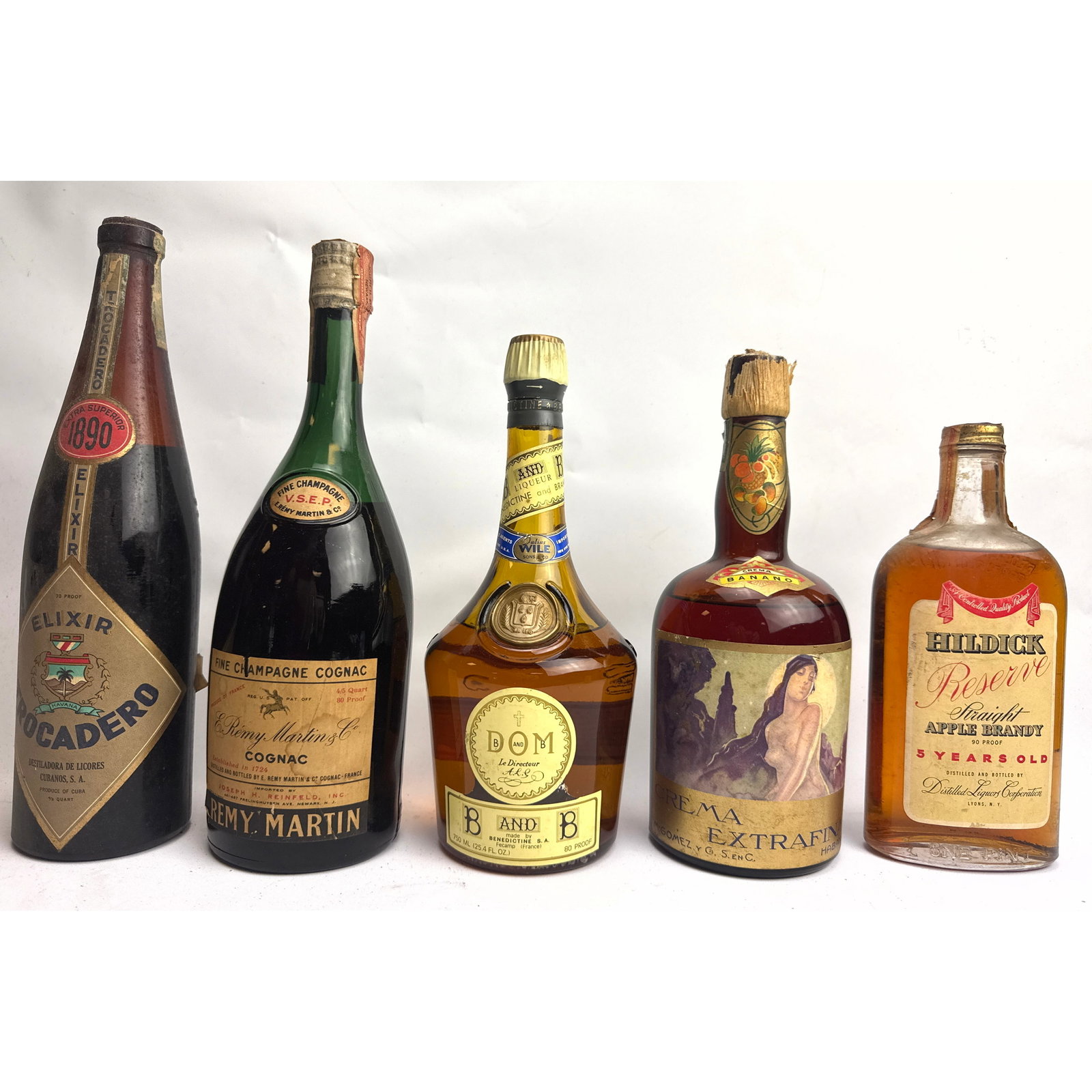 5 Bottles Vintage Alcohol. Remy Martin Cognac, DOM B and B, Trocadero, Hildick Apple Brandy. (1 of 20)