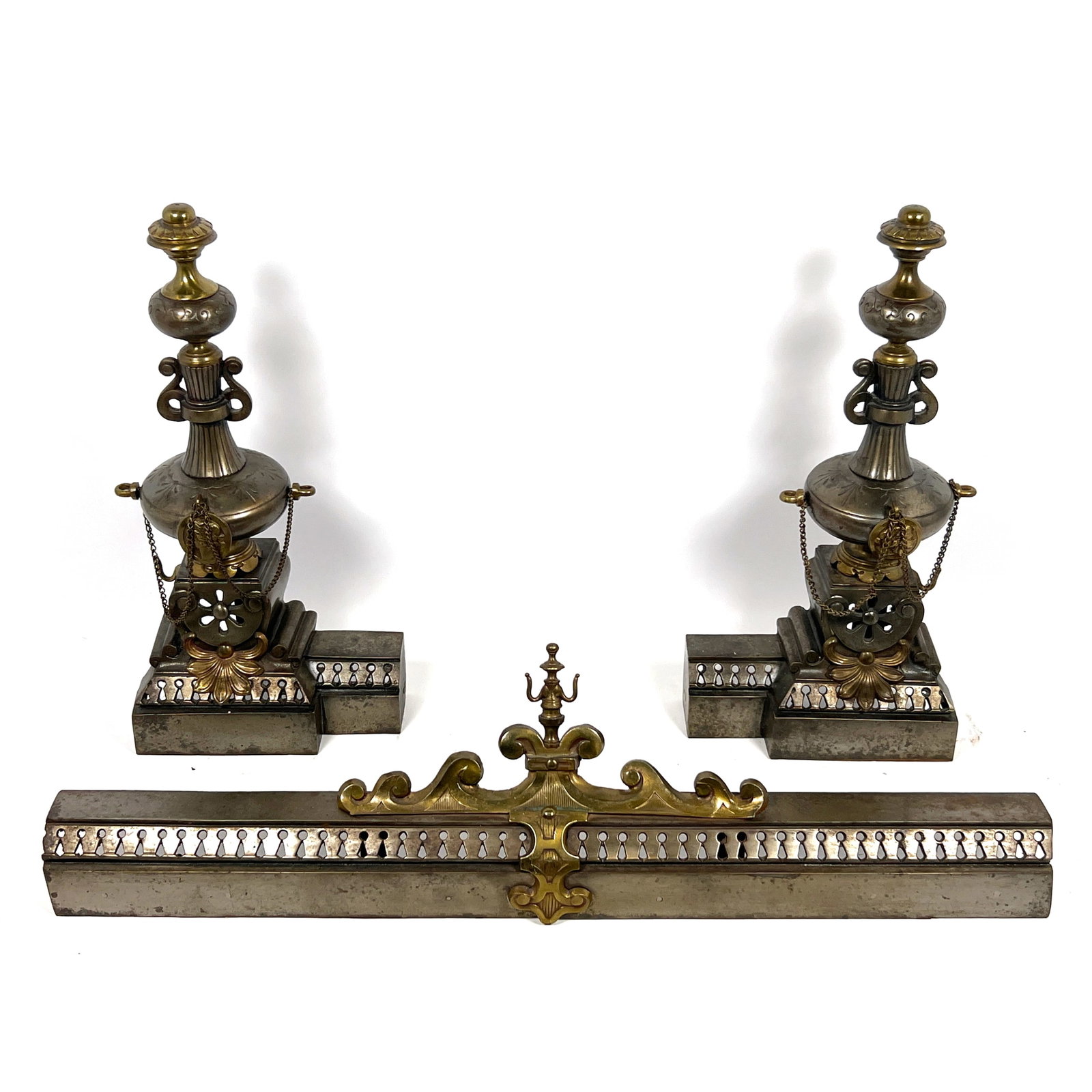 Pair Antique Neo Classical Andirons and Fire Fender. (1 of 12)
