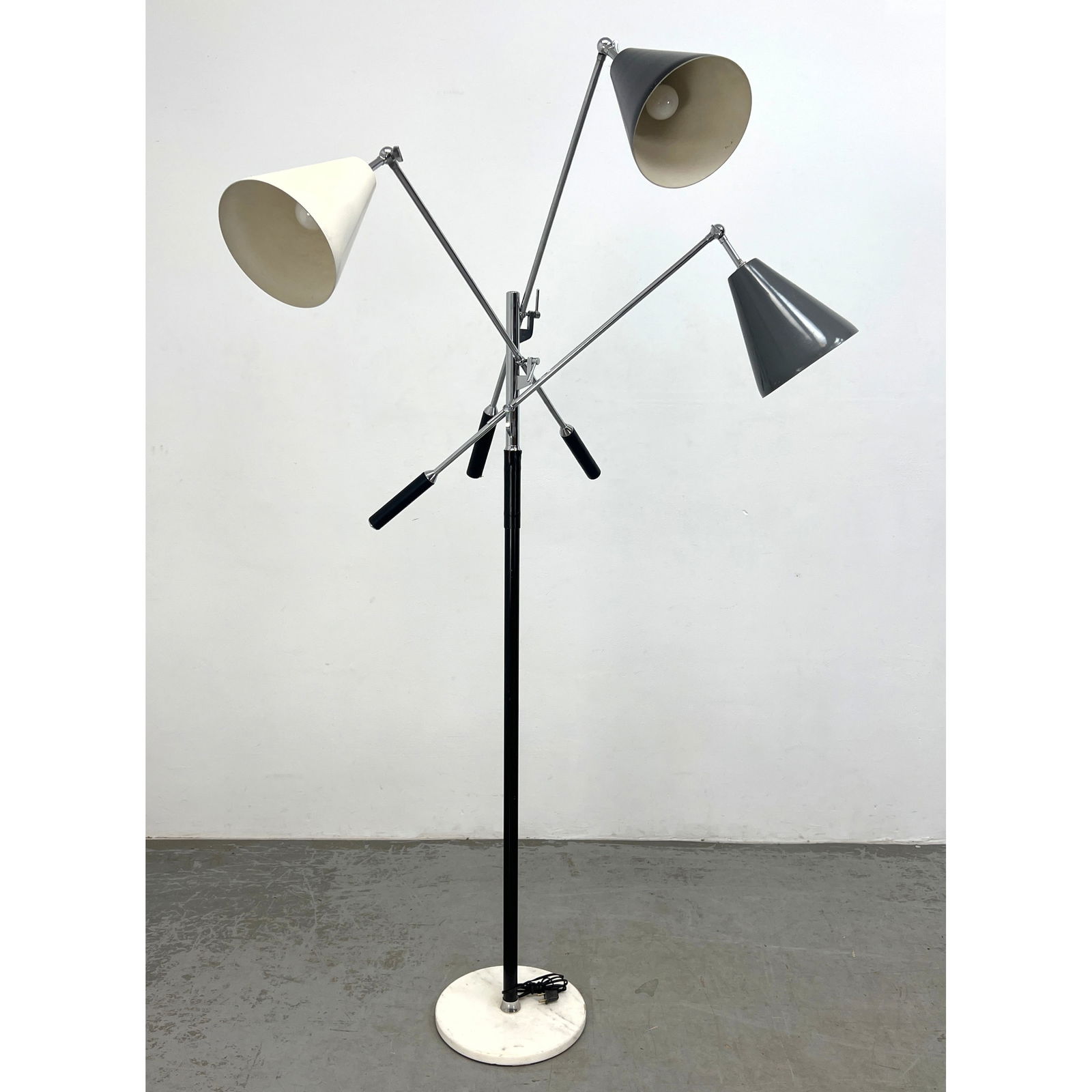 60s Italian Arteluce Triennale Triple Arm Floor Lamp with Marble Base. Made in Italy. Angelo Lelli A: 60s Italian Arteluce Triennale Triple Arm Floor Lamp with Marble Base. Made in Italy. Angelo Lelli Arredoluce Dimensions: Height: 75 inches, Width: 32.5 inches, Depth: 12 inches. --- - We offer curbsi