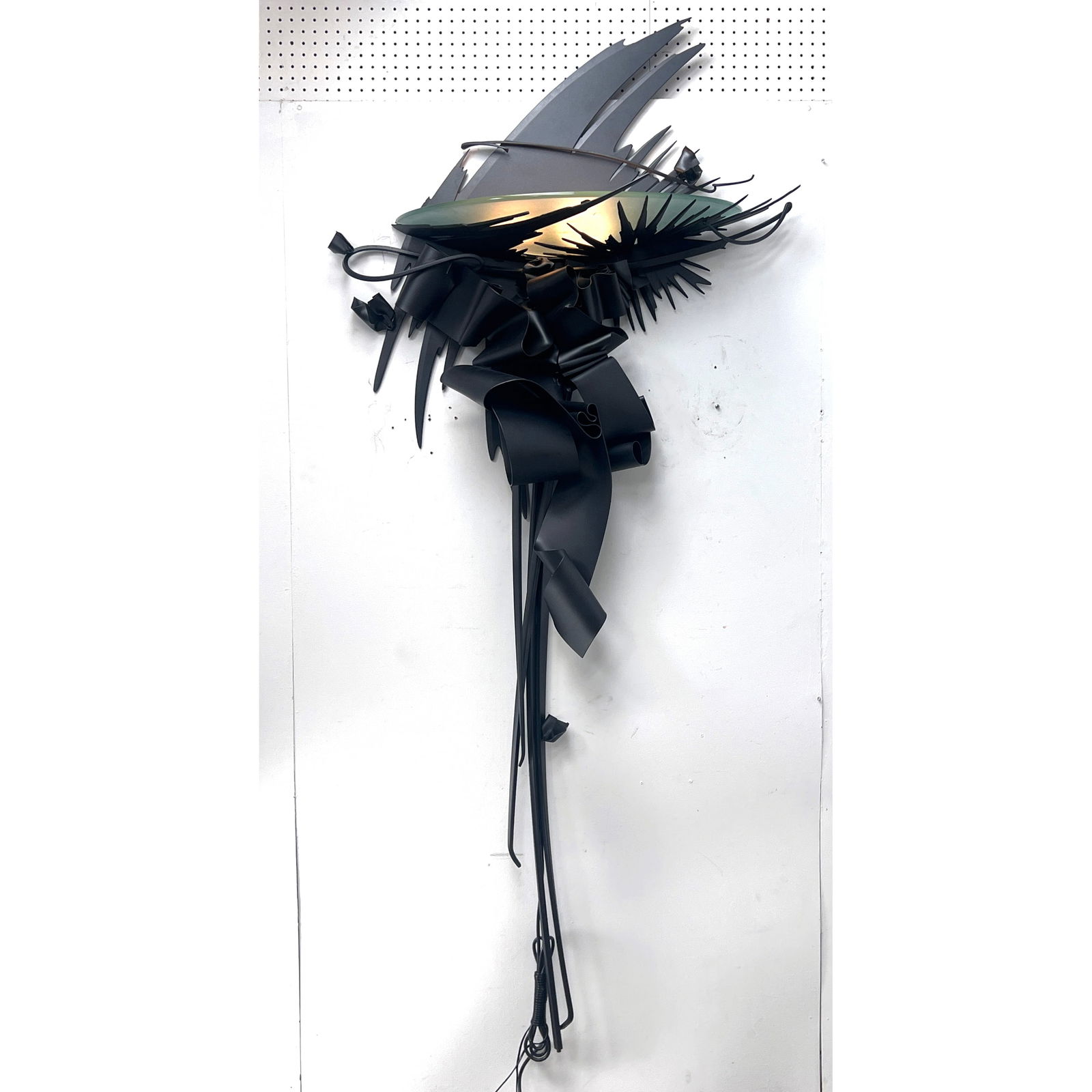 ALBERT PALEY Massive 92" wall-mounted torchiere Light Sconce. Forged, fabricated, steel, and glass.: ALBERT PALEY Massive 92" wall-mounted torchiere Light Sconce. Forged, fabricated, steel, and glass. Signed and dated 1994. Comes with Albert Paley book. Dimensions: Height: 92 inches, Width: 42 inches