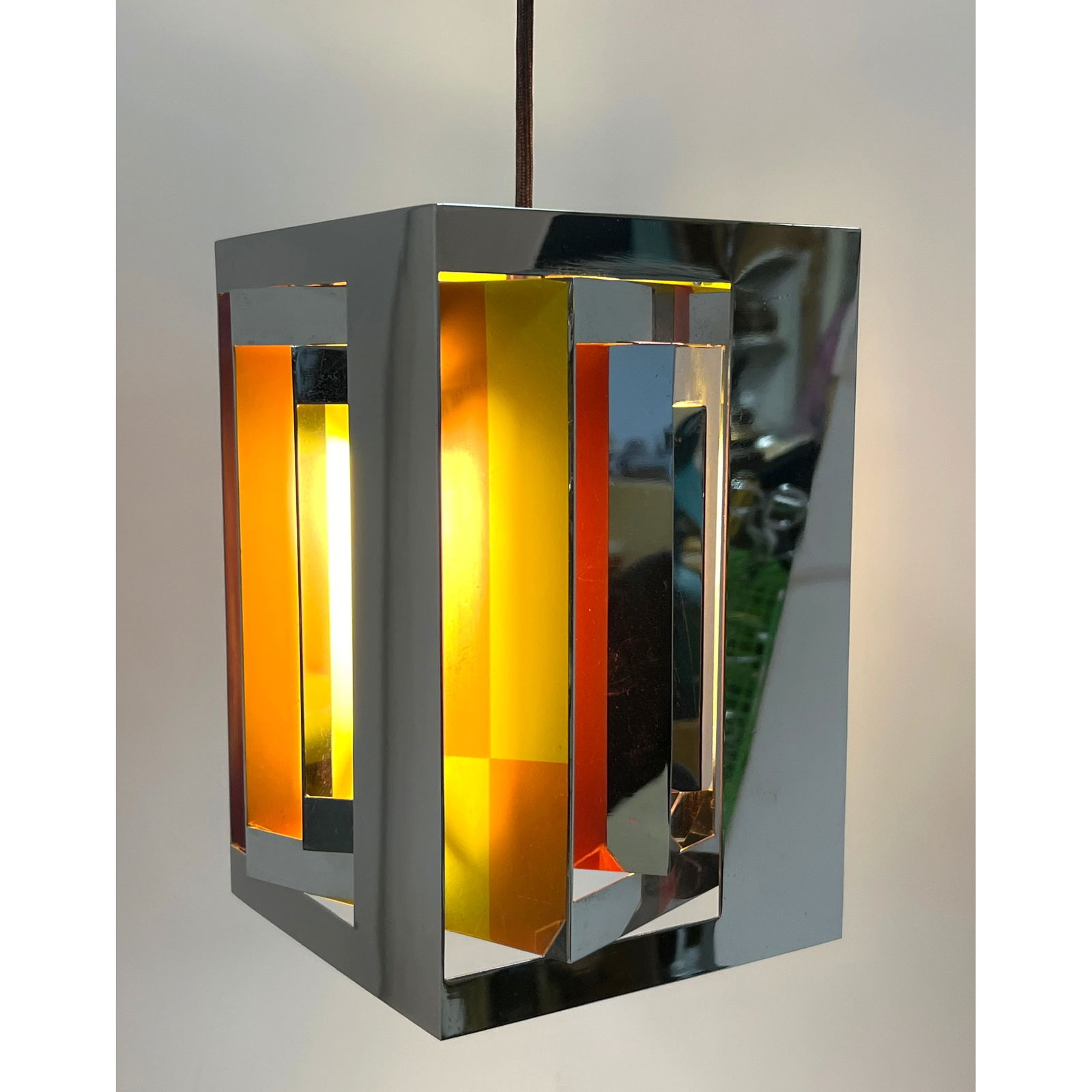 60s Vintage Simon Henningsen for Lyfa Danish Modern Casablanca Chrome Pendant Lamp Denmark, Marked: 60s Vintage Simon Henningsen for Lyfa Danish Modern Casablanca Chrome Pendant Lamp Denmark, Marked Dimensions: Height: 10 inches, Width: 7.5 inches, Depth: 7.5 inches. --- US Packing and Shipping char