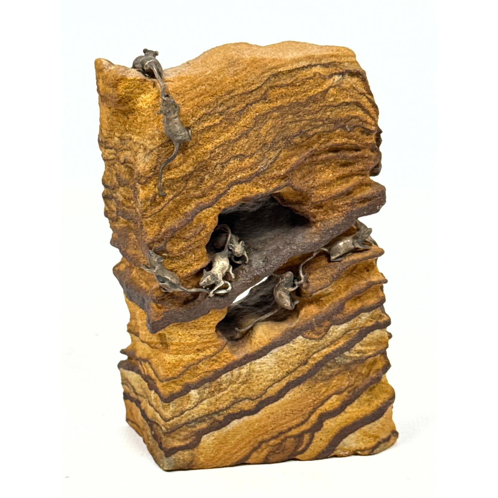 Small Table Sculpture Paperweight. Silver mice on Natural Sandstone.: Small Table Sculpture Paperweight. Silver mice on Natural Sandstone. Dimensions: Height: 4.25 inches, Width: 3 inches, Depth: 1.25 inches. --- US Packing and Shipping charge: $20 Plus required insuran