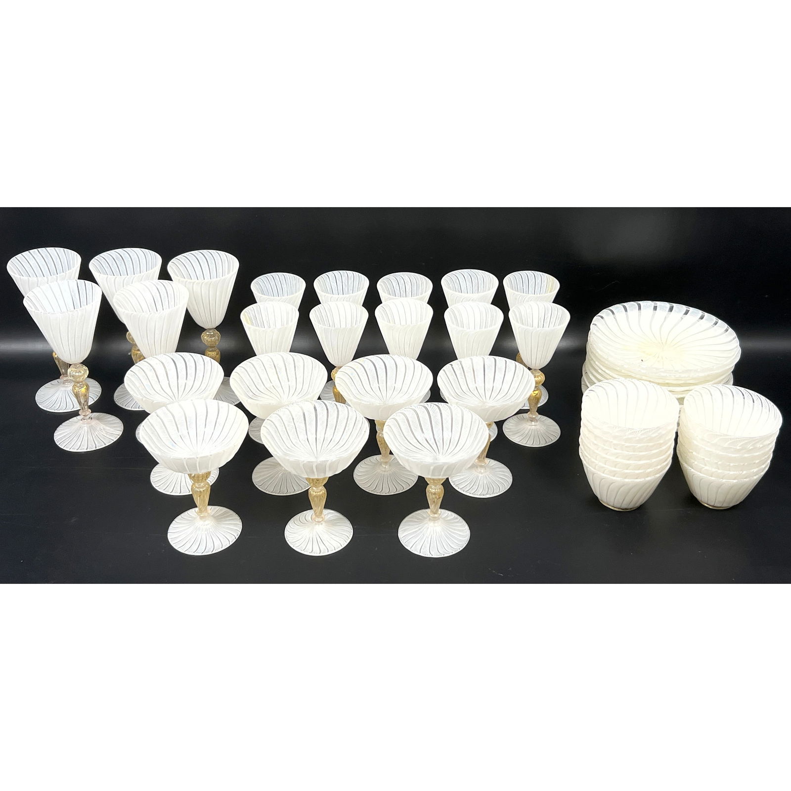 48pc Vintage Murano Venetian Glass Goblets Bowls and Plates. Venini Style Latticino with Gold Fleck (1 of 20)